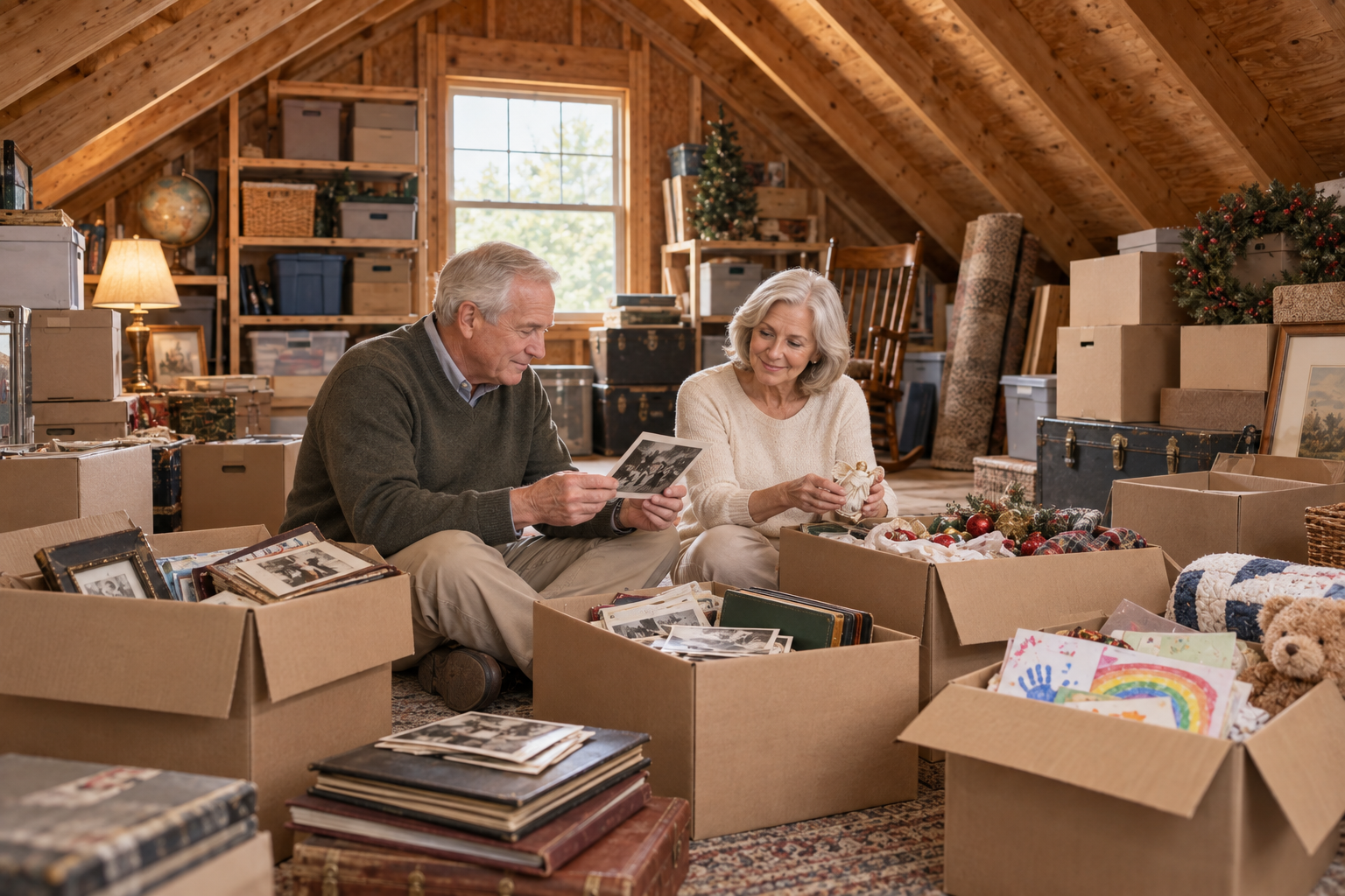 Couple going through memories---getting ready to move