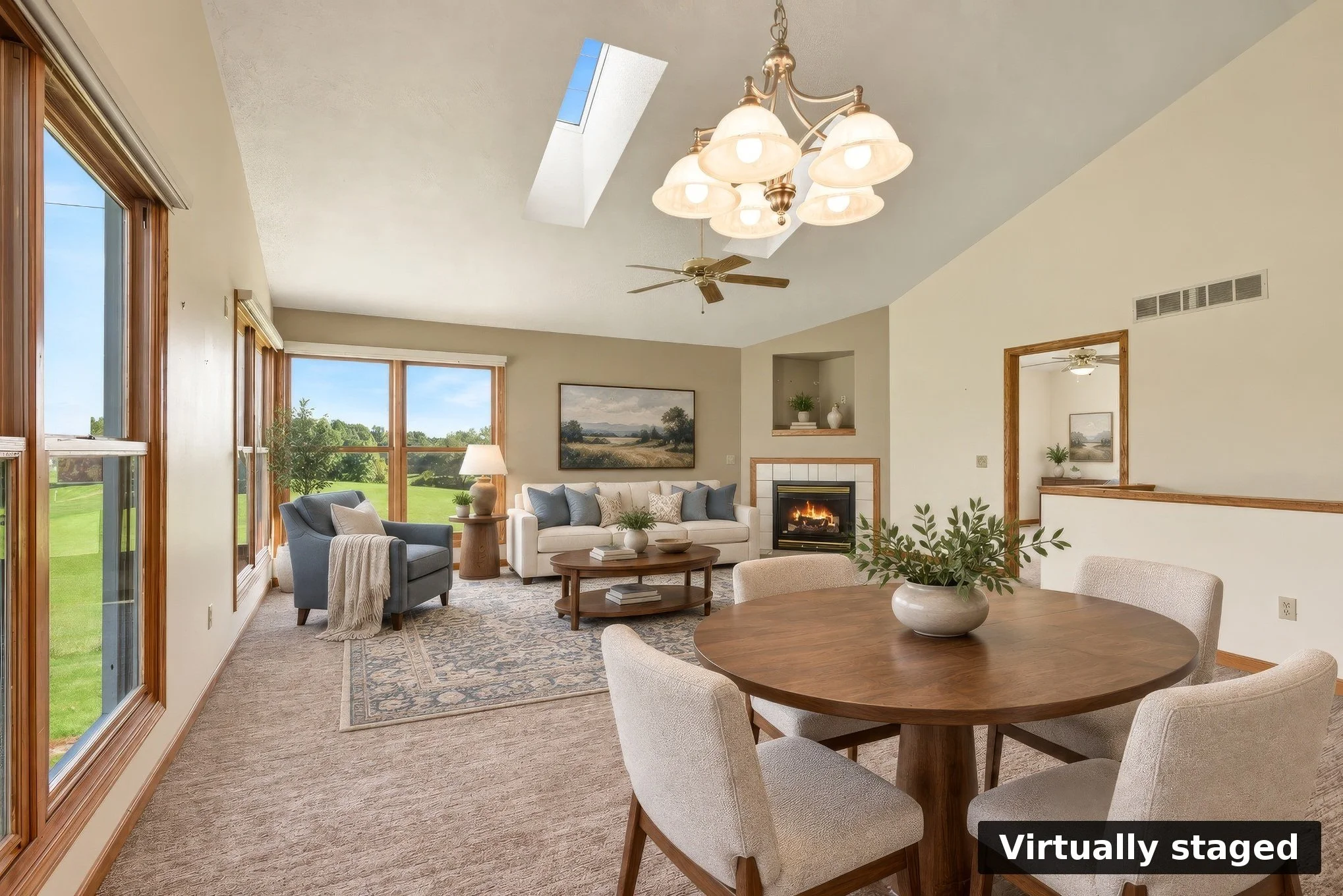 Image of dining room and living room with so many beautiful windows