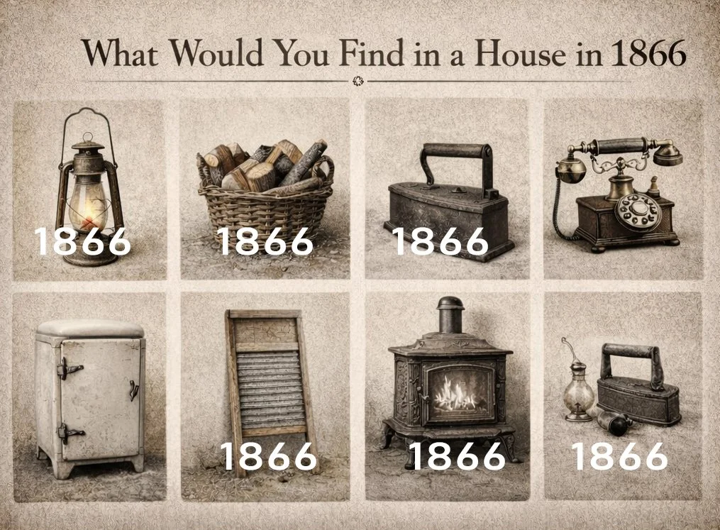 The answers to the pictures of what items you may find in a house in 1866.