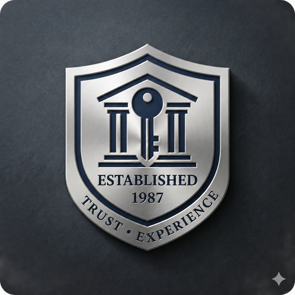 Brushed silver and navy 3D shield badge with home and key design highlighting Veenstra Team’s legacy of trust and experience since 1987.