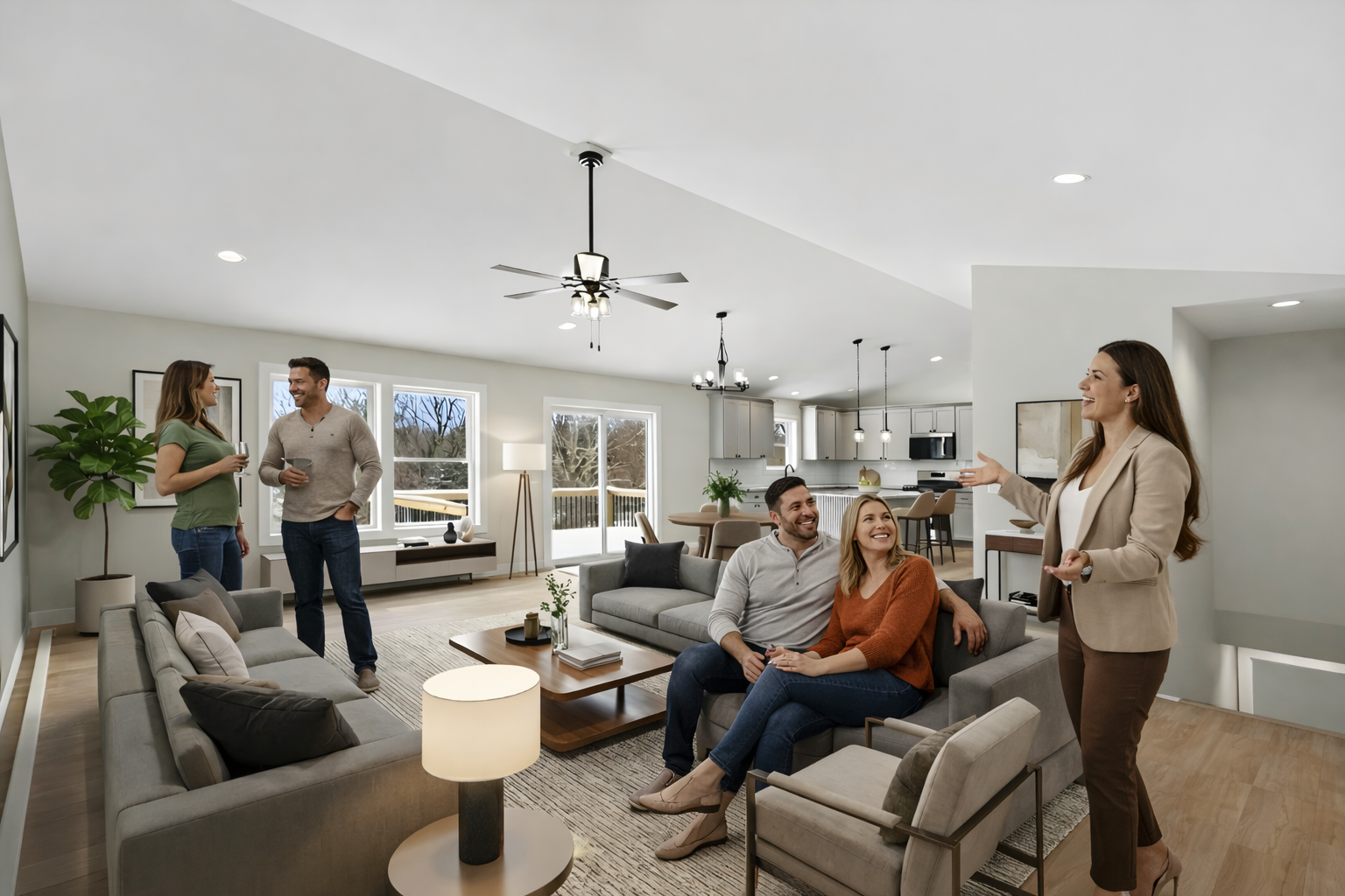 Group of people sitting in the living room of a Cornerstone build.