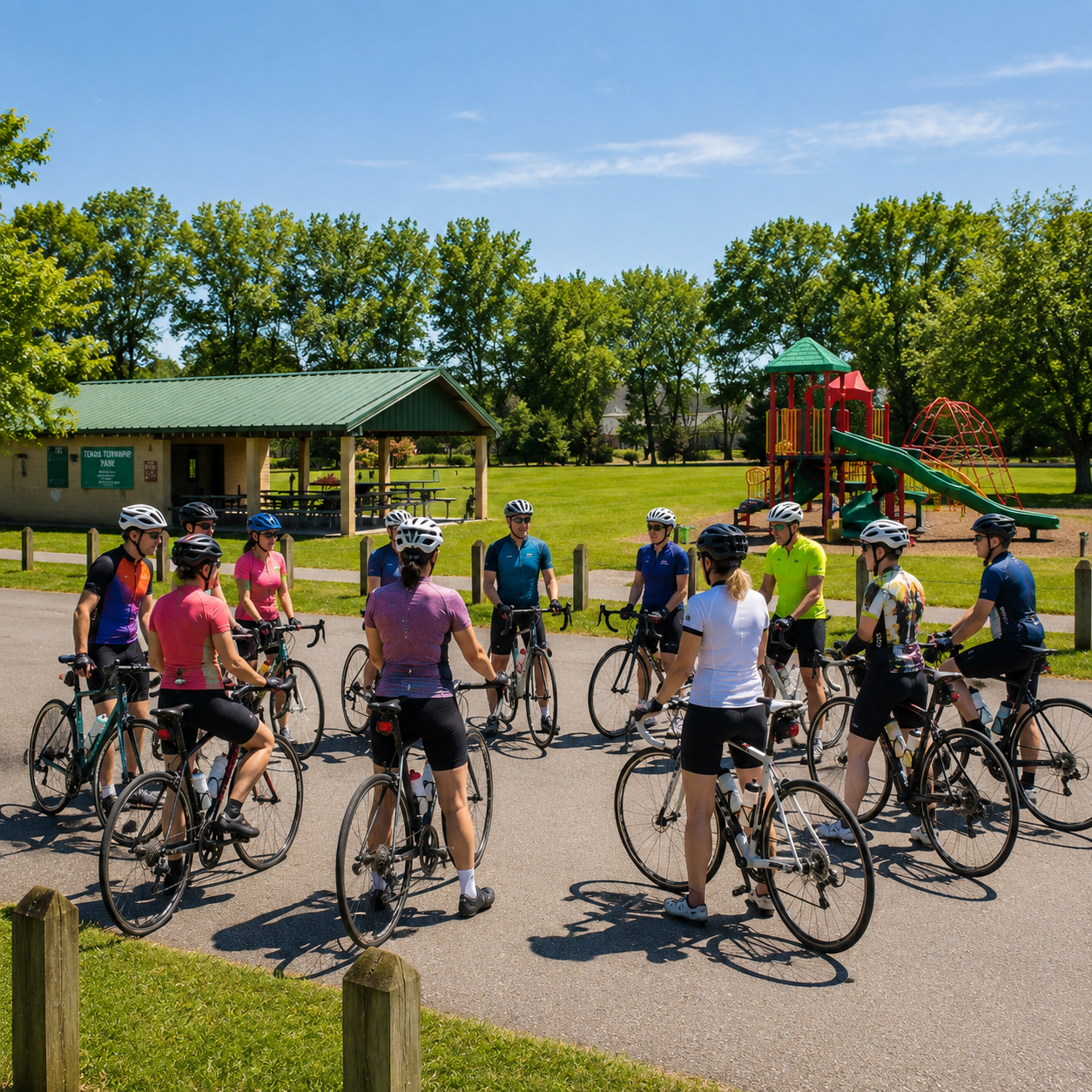 Bike Riders in a circle getting directions for their trip at the Texas Drive Park