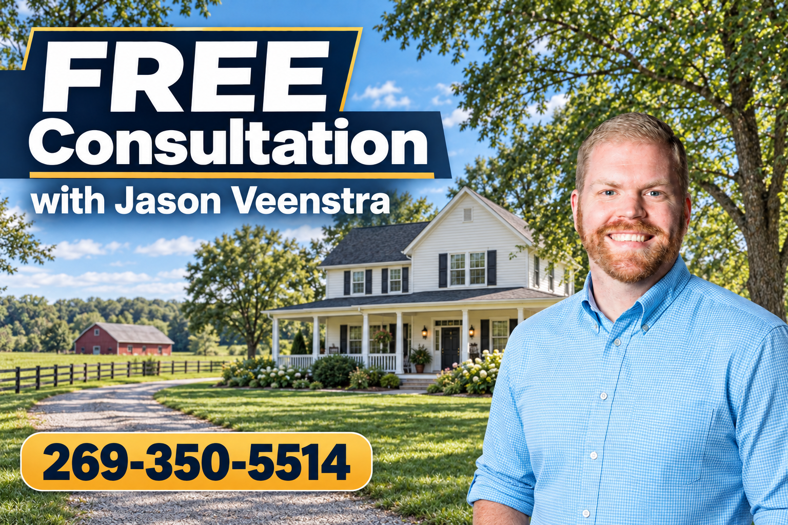Jason Veenstra standing in front of a farmhouse on acres of land