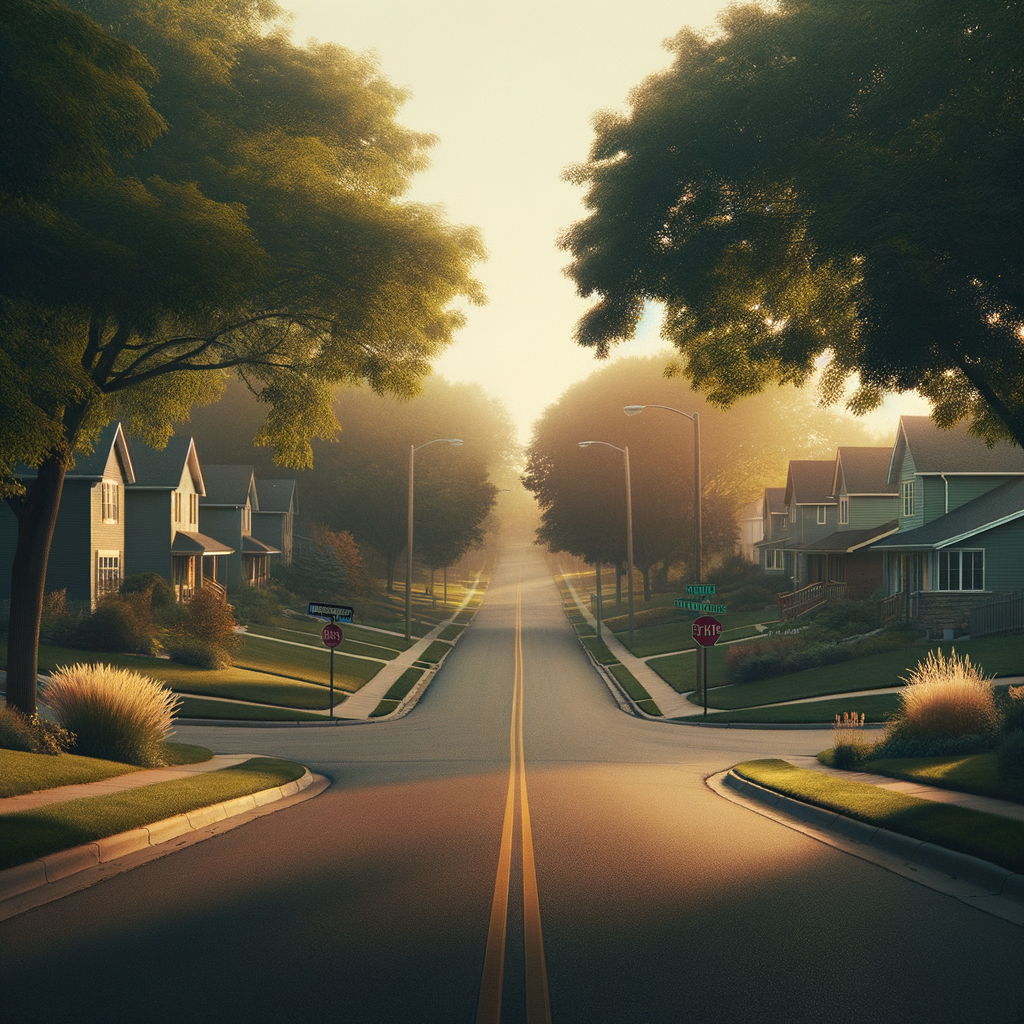 Residential street with two paths symbolizing the decision to sell or stay before building a home