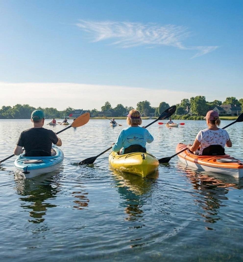 A water meeting of several friends who met on Lake Doster to kayak together.