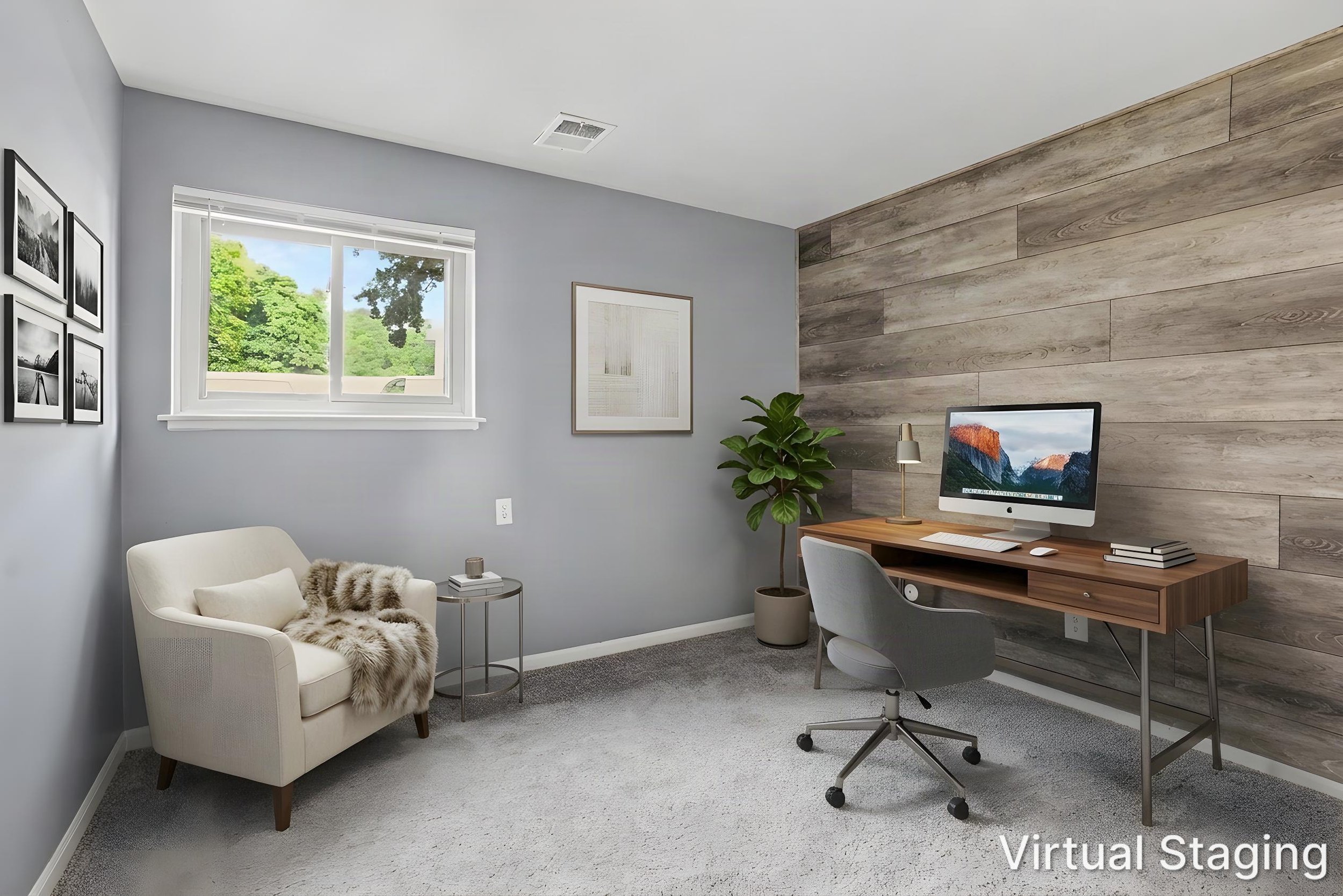 Virtually staged second bedroom used as a home office at 742 W Kilgore Road #108 in Kalamazoo, Michigan.