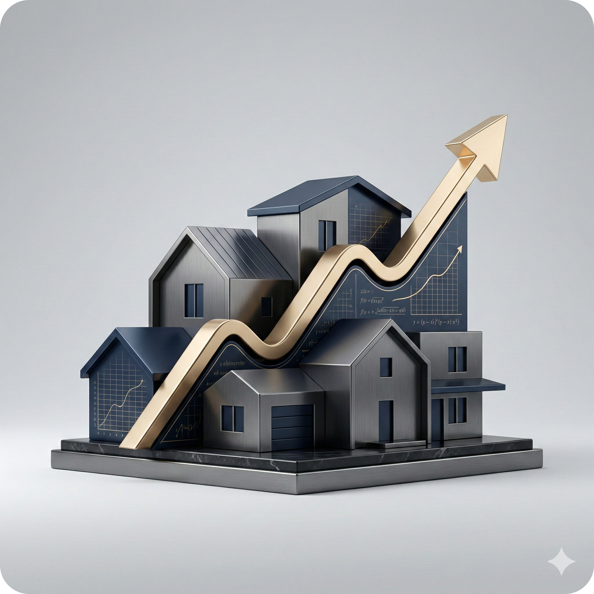 Sleek 3D residential homes with rising gold graph symbolizing Veenstra Team’s real estate market knowledge and strategic pricing expertise.