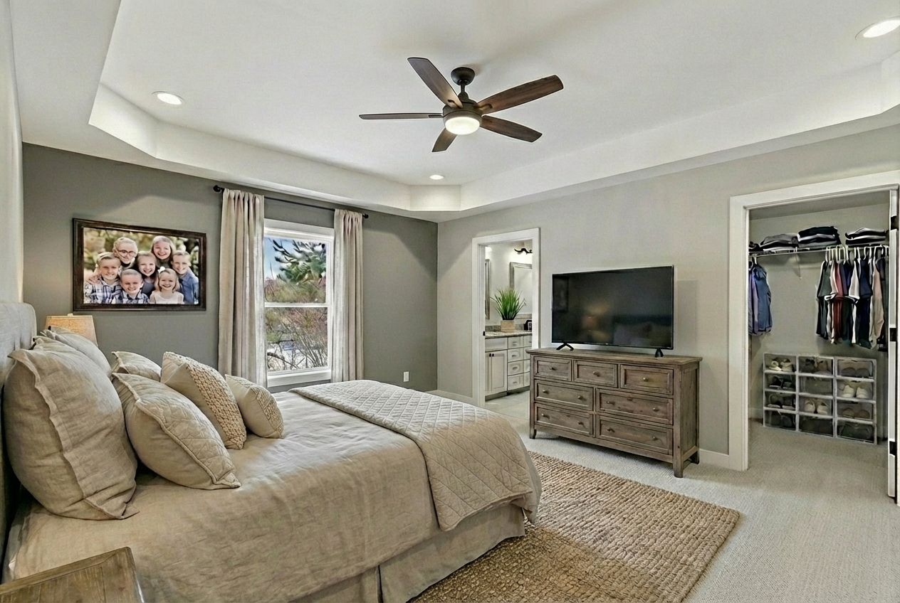 Virtually staged master suite with ensute at 8683 Camomile Drive, Augusta, MI 49012.  This house is for sale.