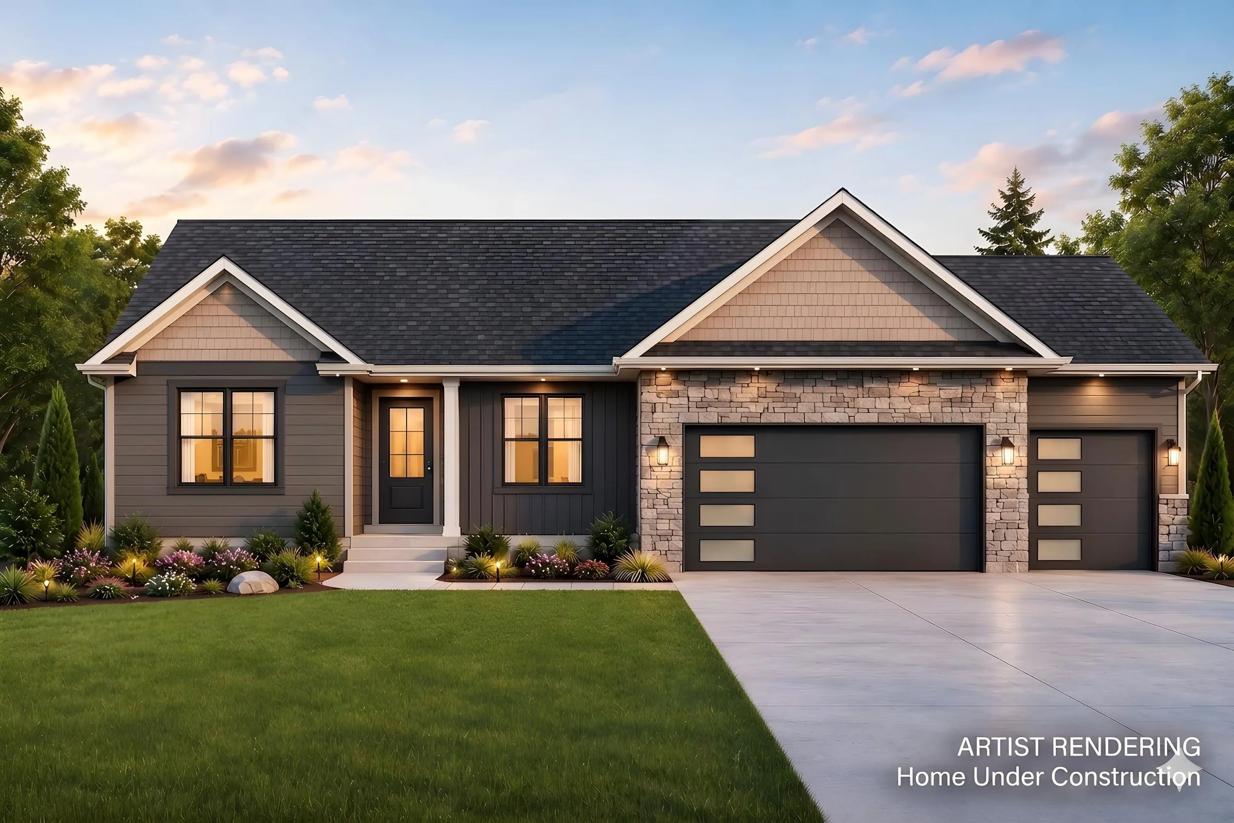 Artist rendering image of 2029 Dakota, a house with black roof, tan and taupe  siding and stone work.