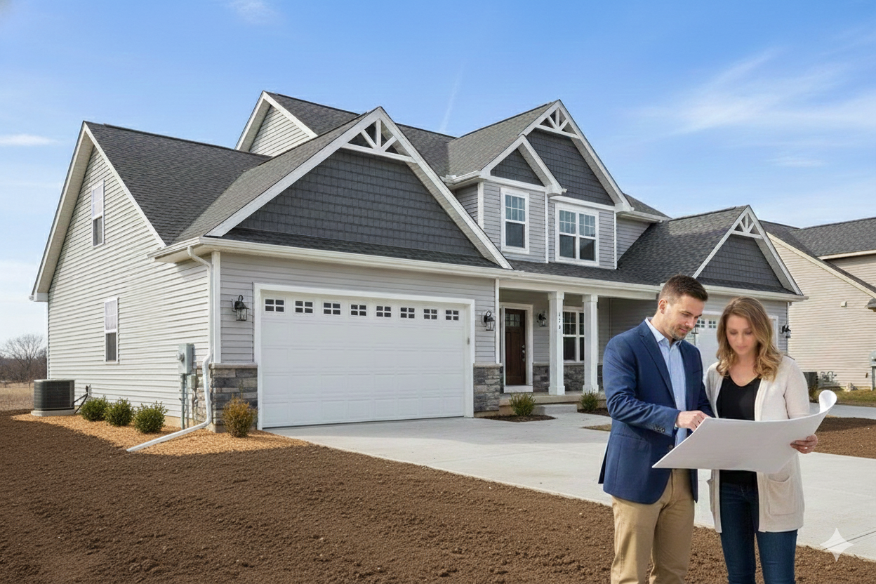 New construction home with buyers reviewing building plans in front of the property.