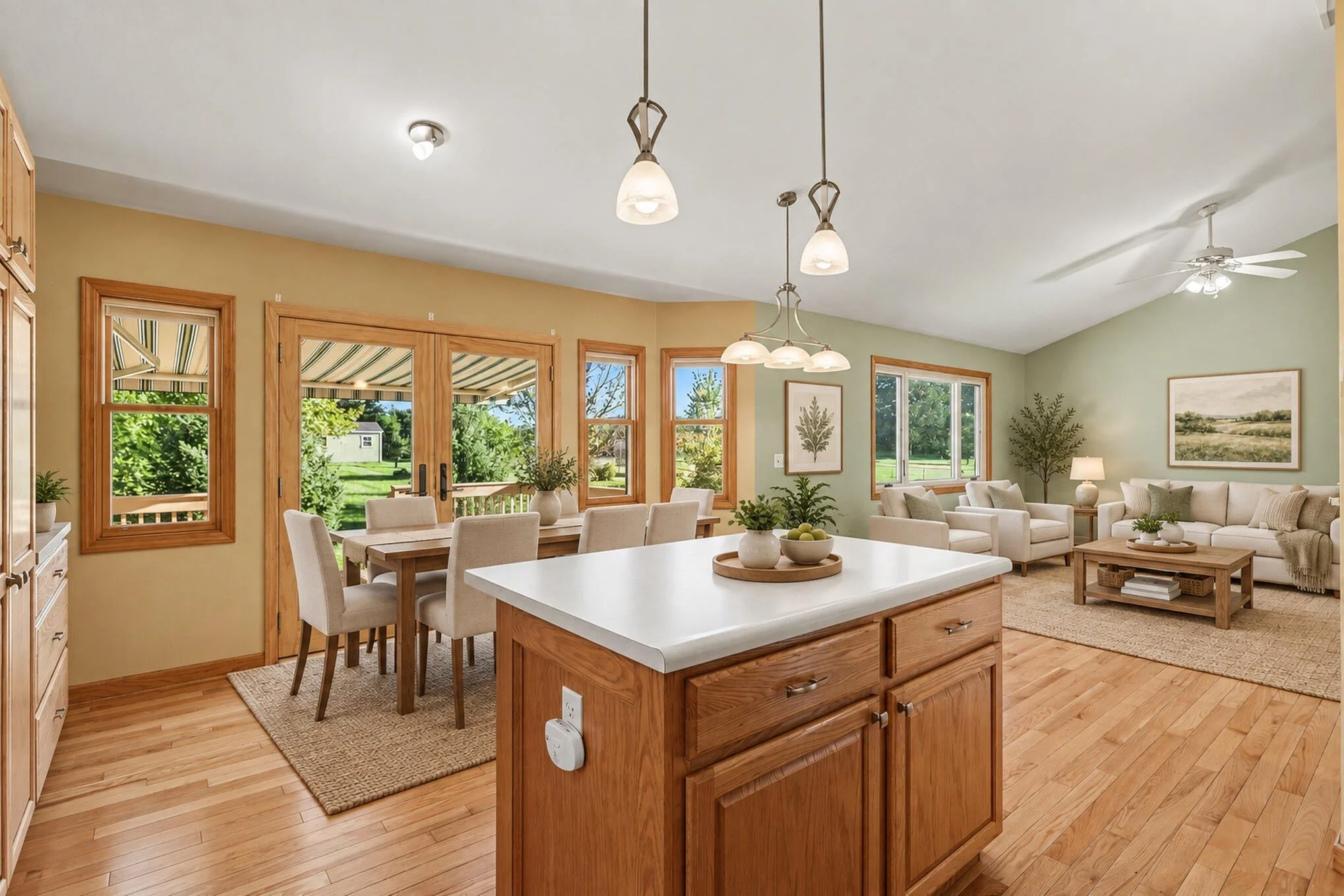 Virtually staged kitchen and living area at 27420 Birmingham Court with a center island, dining table, and French doors