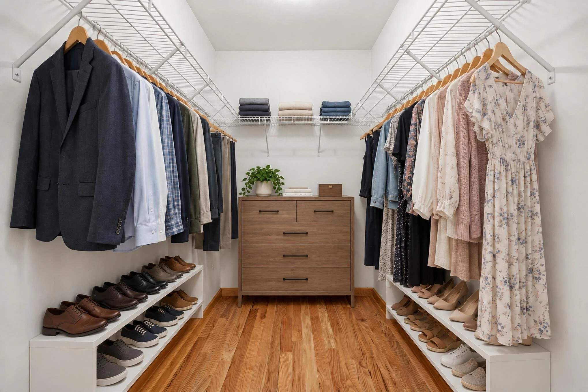 Virtually staged walk-in closet in the primary suite at 27420 Birmingham Court with rods and shelves on both sides