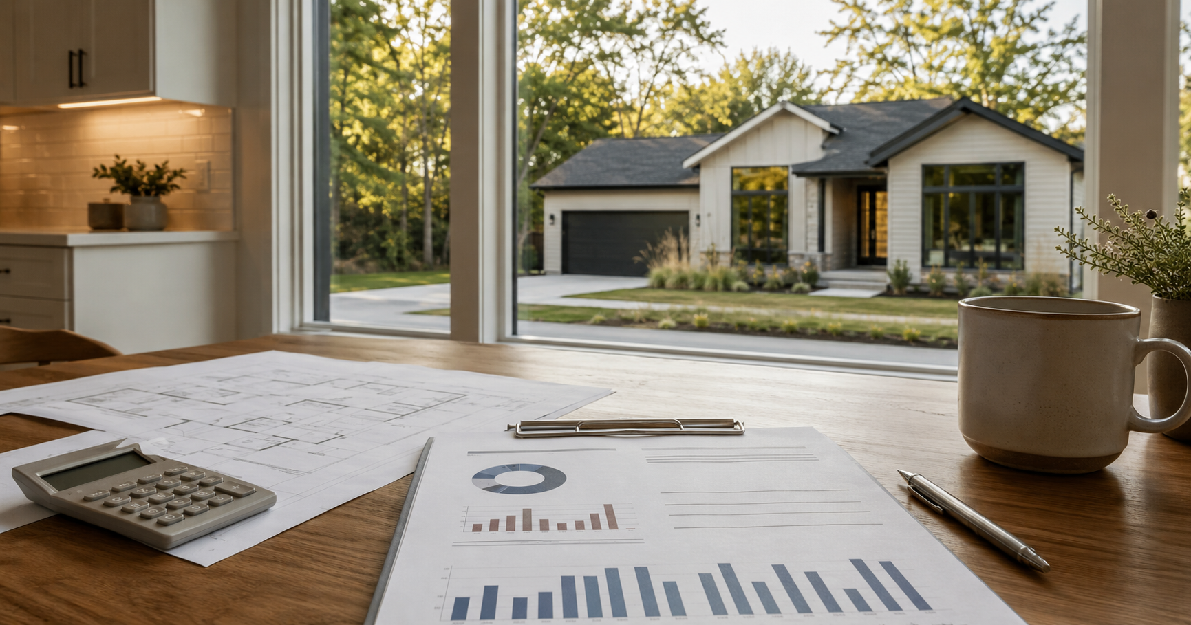 A nearly completed Southwest Michigan new-construction home with plans and an appraisal report on a table