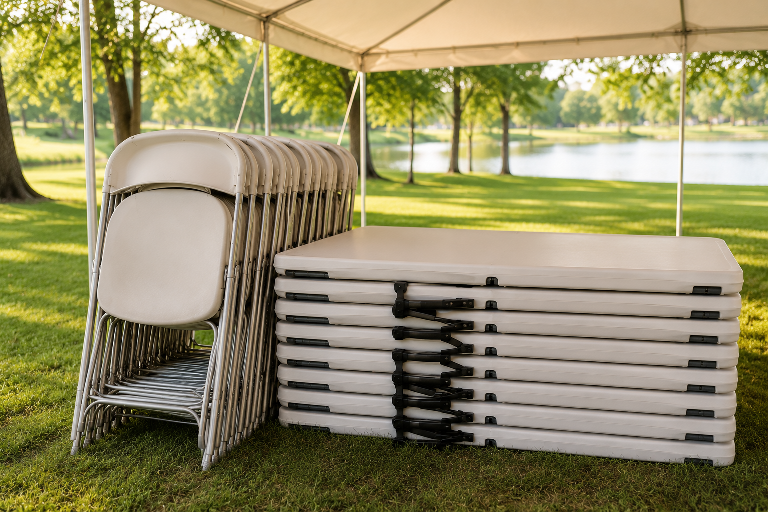 A stack of tables and chairs that the Lake Doster Association has for free borrowing.