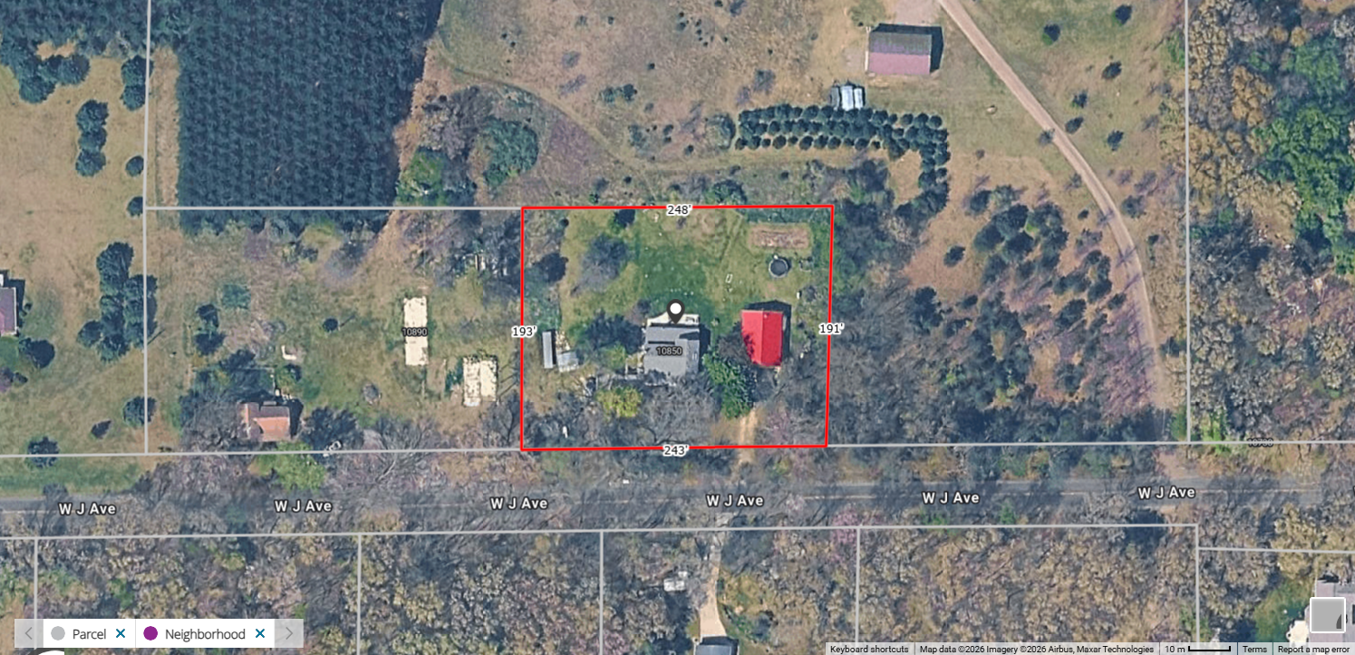 View of the 1.16 acres and property lines at 10850 W J Avenue, Kalamazoo, Mi in Oshtmo Township.