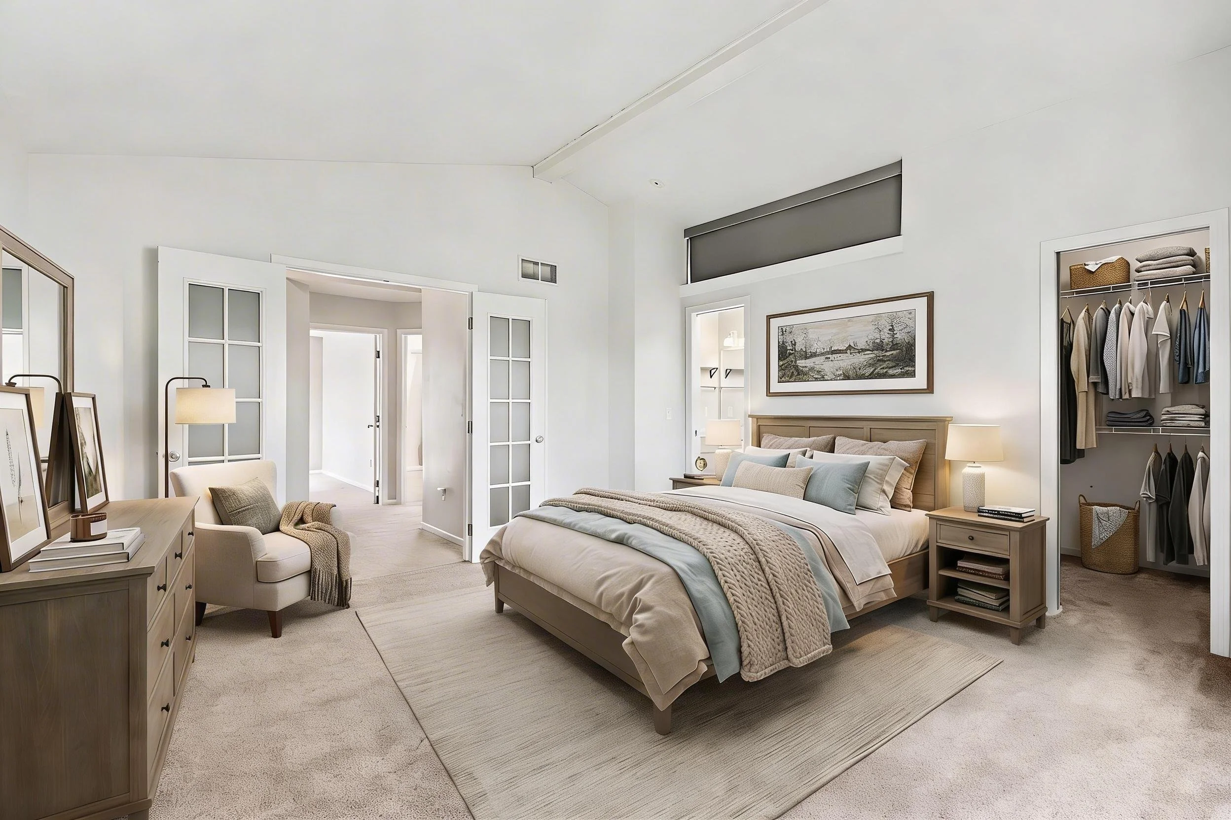 A picture of the beautifully appointed primary bedroom and walk in closet with clothes hanging.