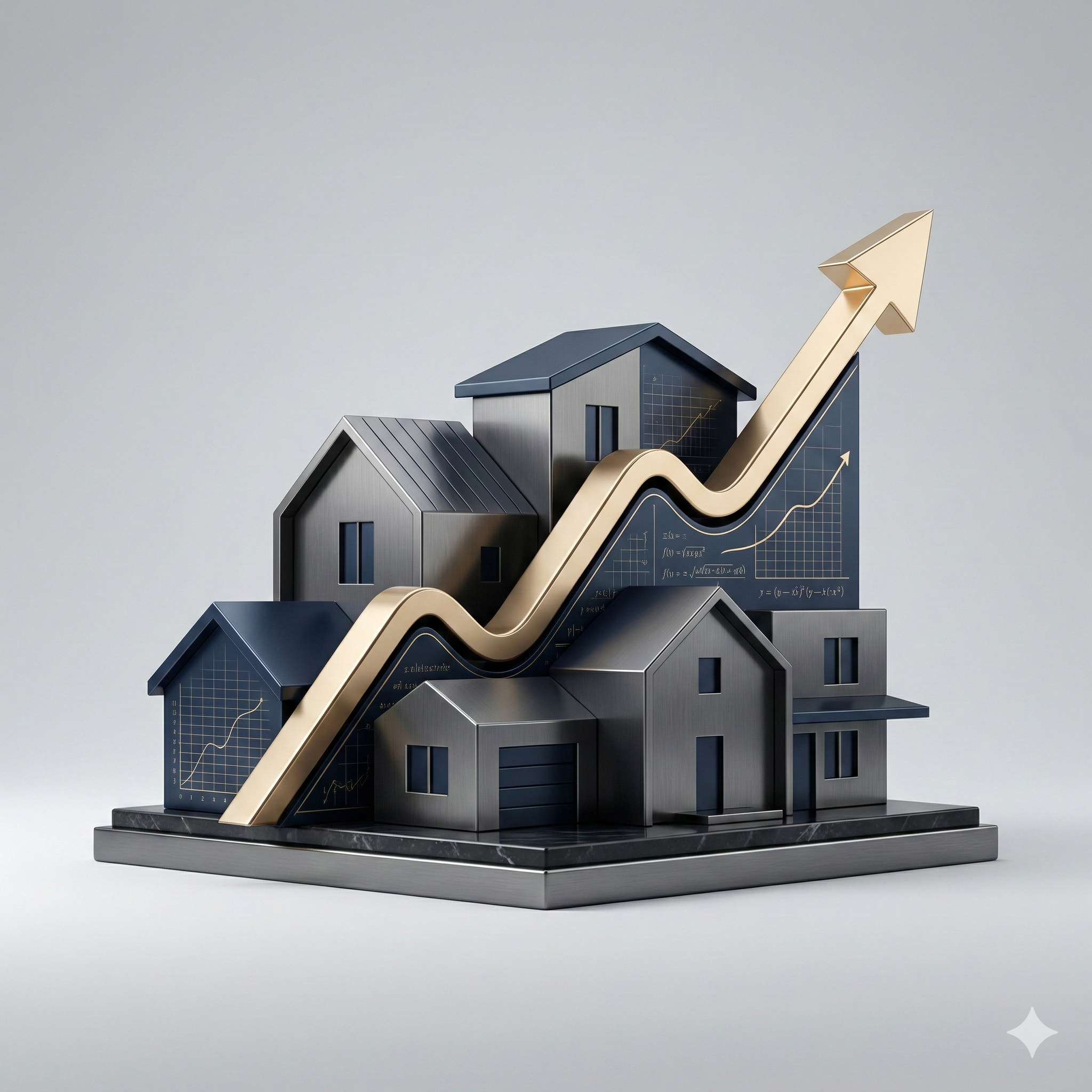Modern metallic homes with an upward gold trend line representing Veenstra Team’s housing market expertise and data-driven strategy.