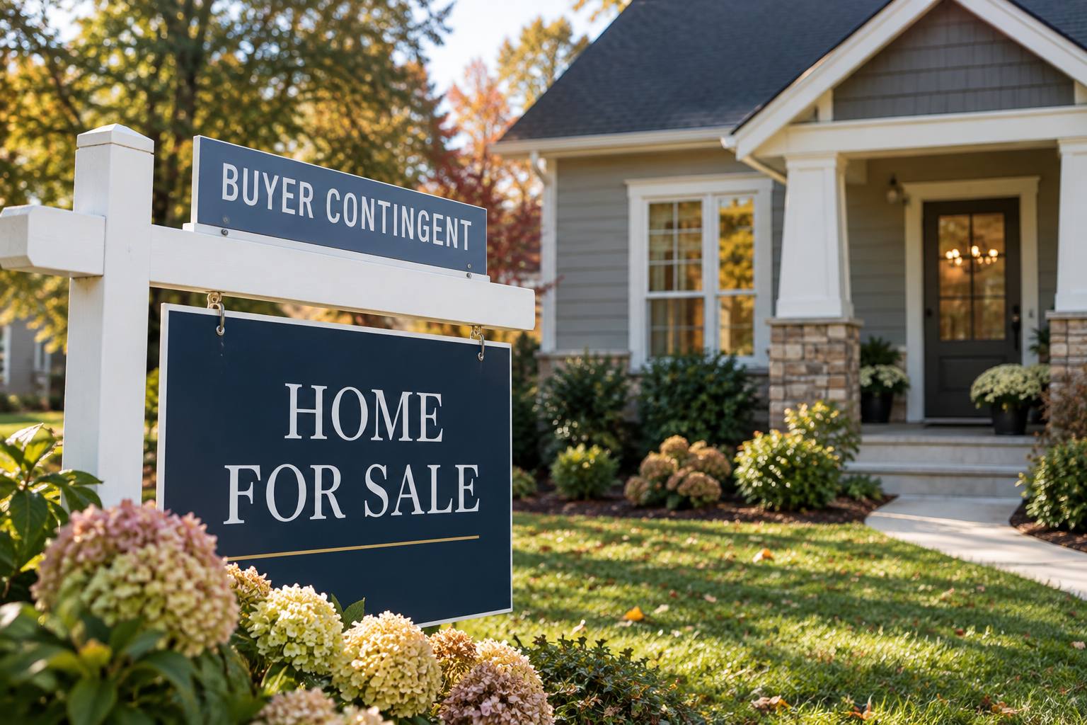 Suburban home with a For Sale sign displaying a buyer contingency, illustrating what Kalamazoo homeowners should consider before accepting an offer contingent on the buyer selling their home.