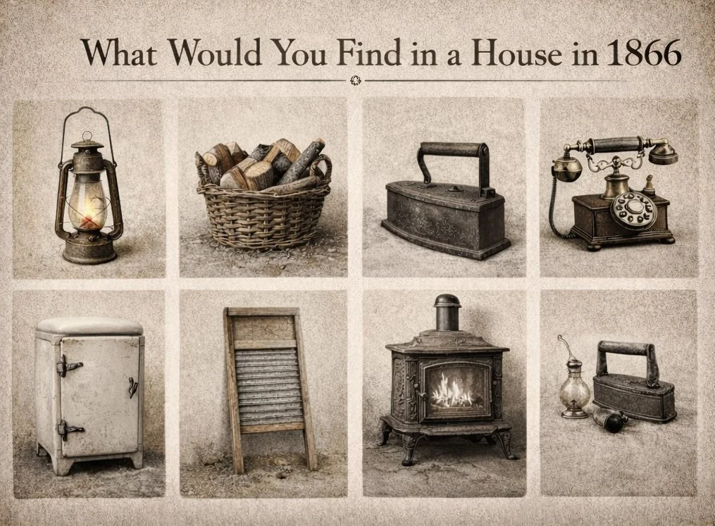 A set o pictures with the question what would you find in a house iin 1866.