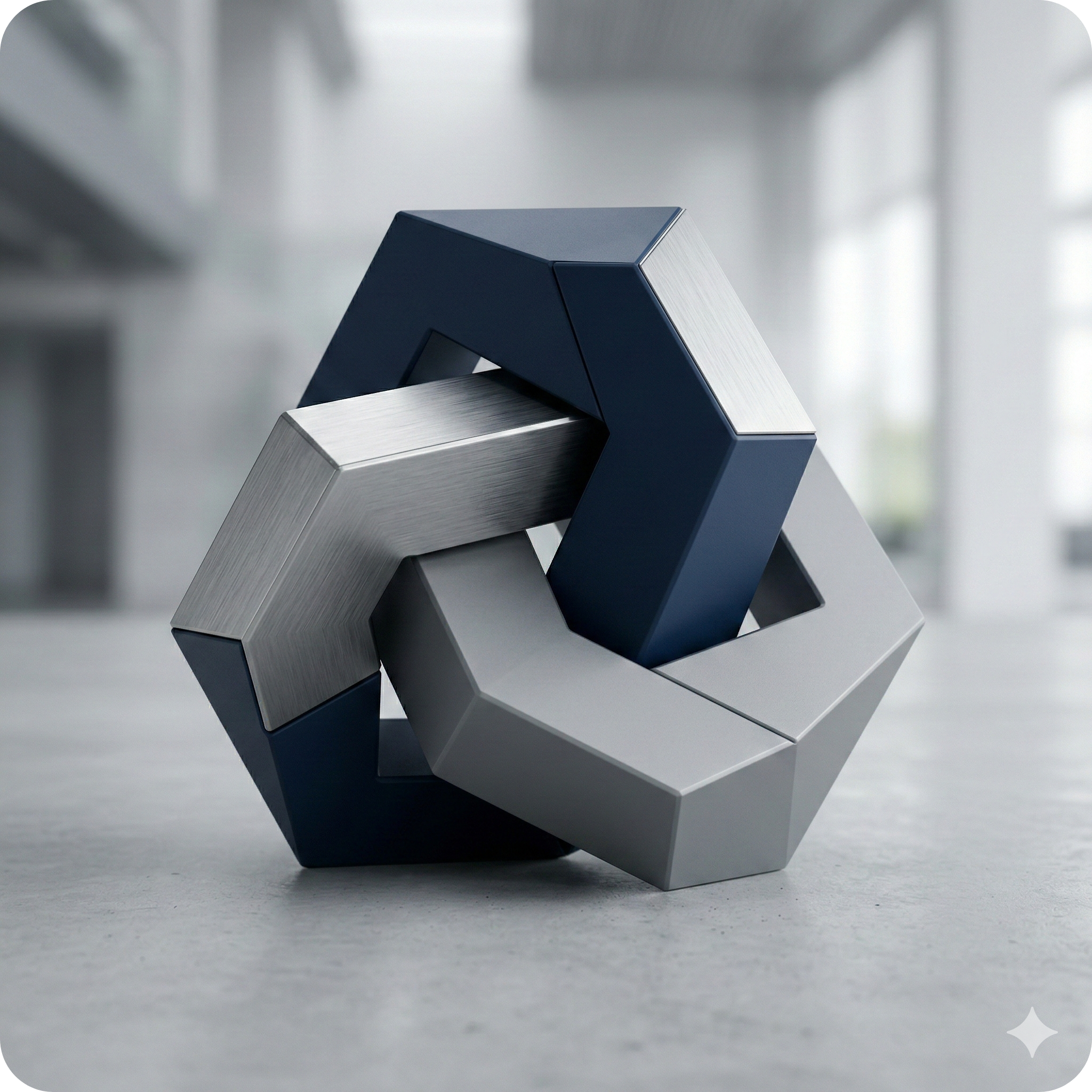 Brushed silver and navy interlocking metal forms representing Veenstra Team’s teamwork and coordinated, team-based real estate service.