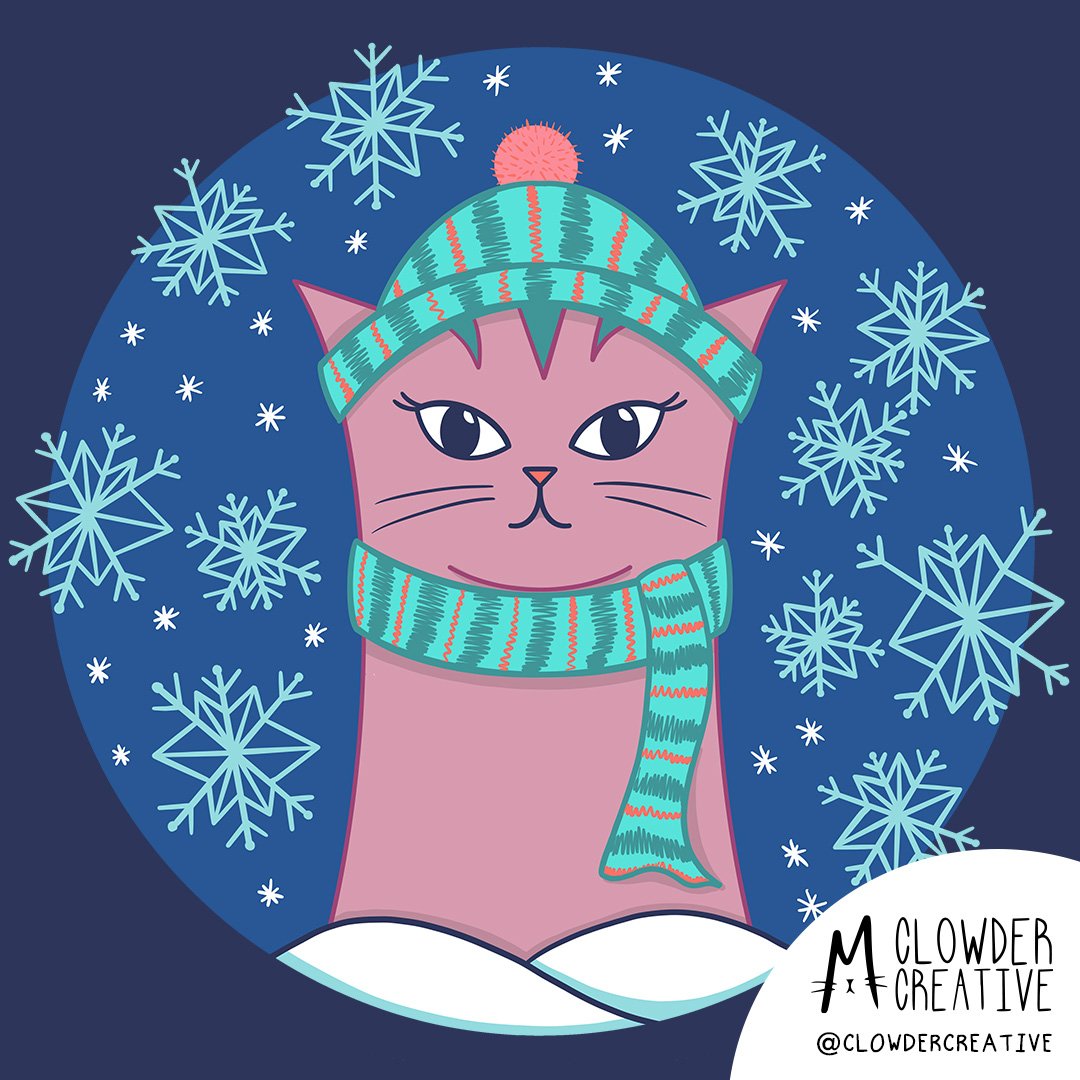 Illustration of a cat wearing a hat and scarf surrounded by snowflakes.