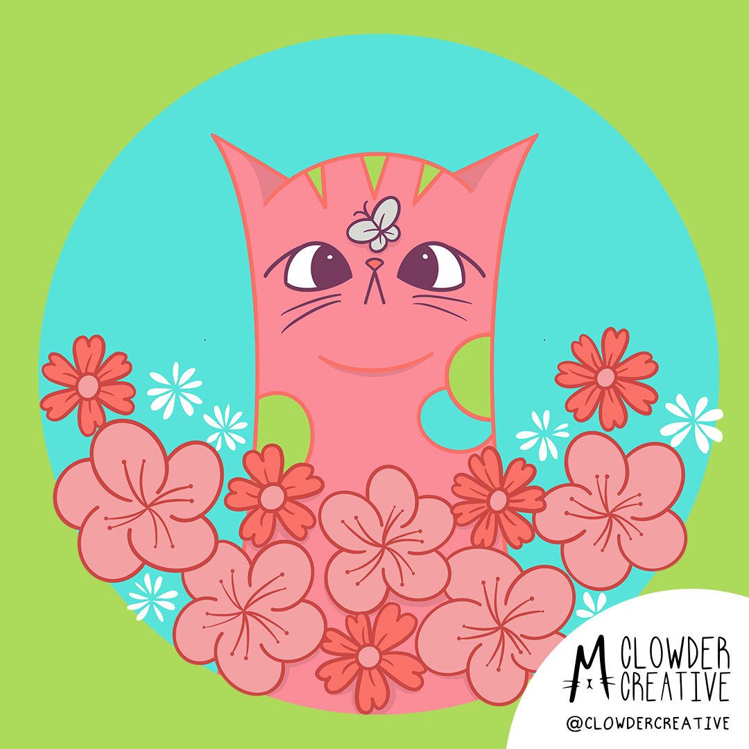 Illustration of a cat with a butterfly on its nose surrounded by flowers.