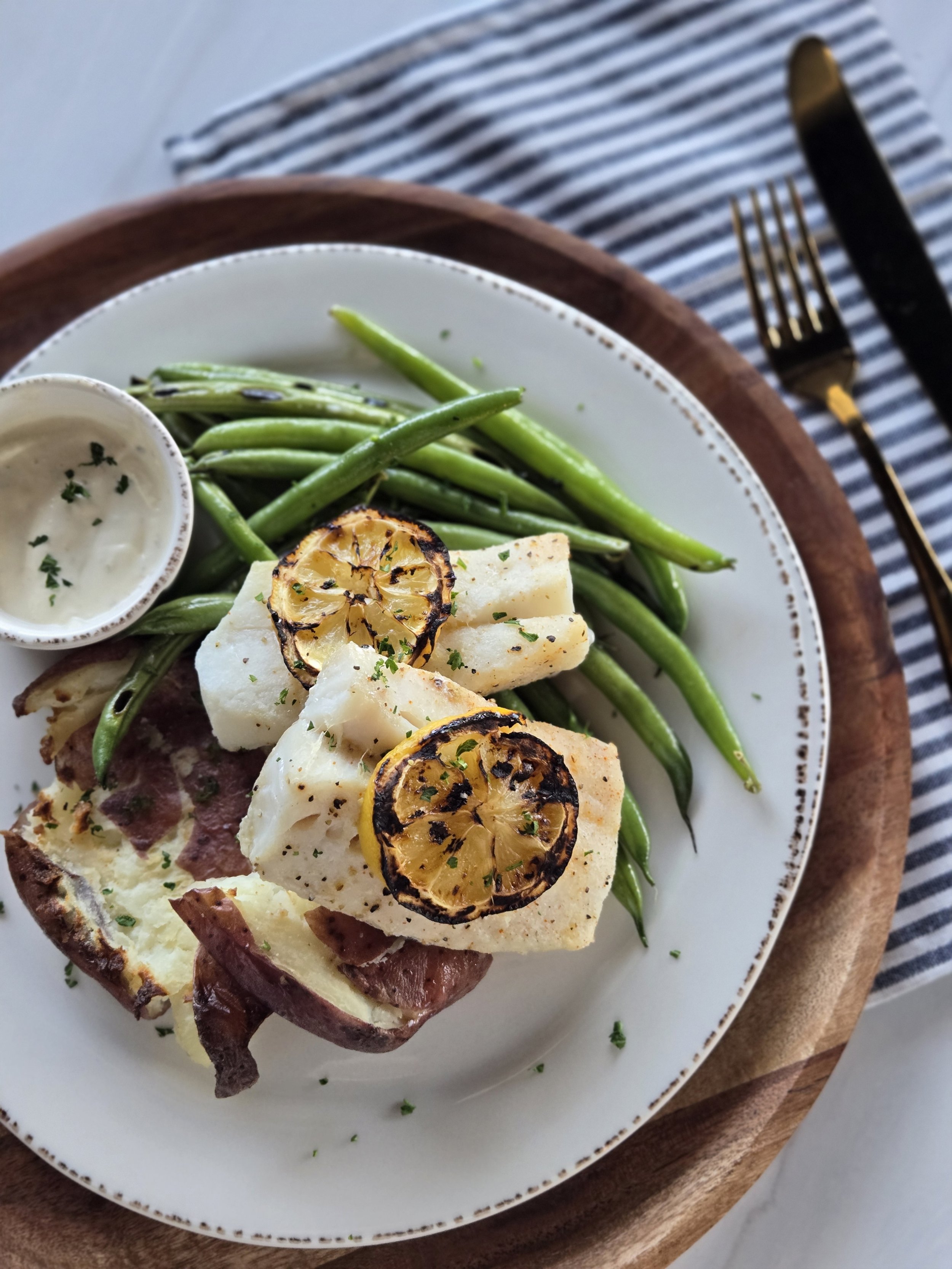 Roasted Lemon Cod w/ Smashed Reds and Green Beans PALEO (Keto option available)