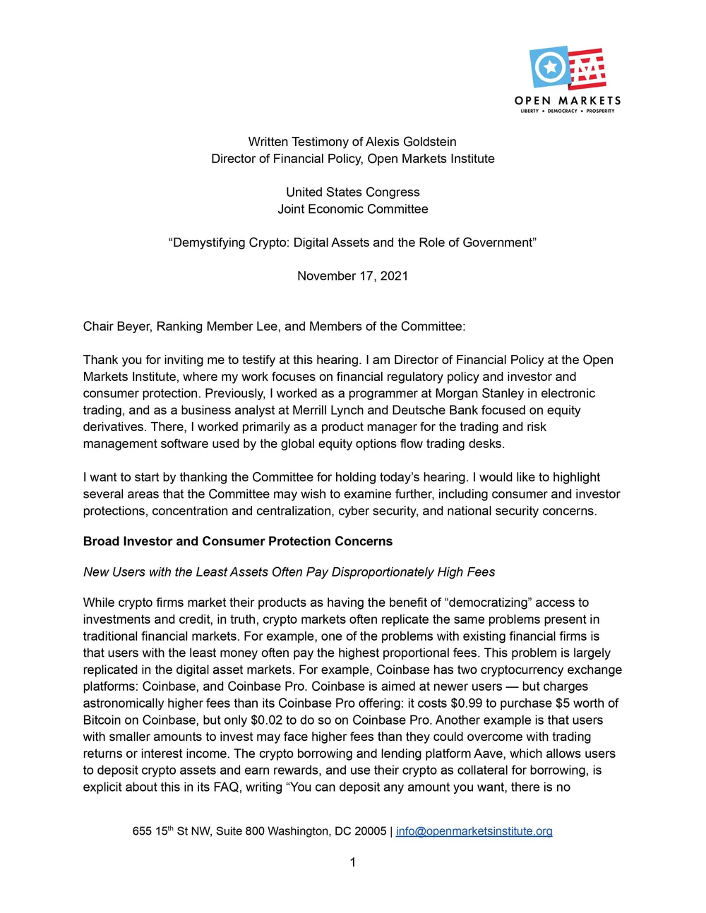 Testimony by Open Markets Financial Policy Director Alexis Goldstein at  Joint Economic Committee Hearing on “Demystifying Crypto: Digital Assets  and the Role of Government” — Open Markets Institute