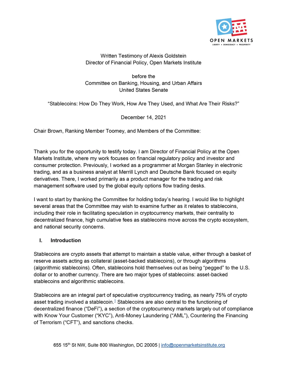 Testimony by Financial Policy Director Alexis Goldstein at Senate Banking  Committee Stablecoins Hearing — Open Markets Institute