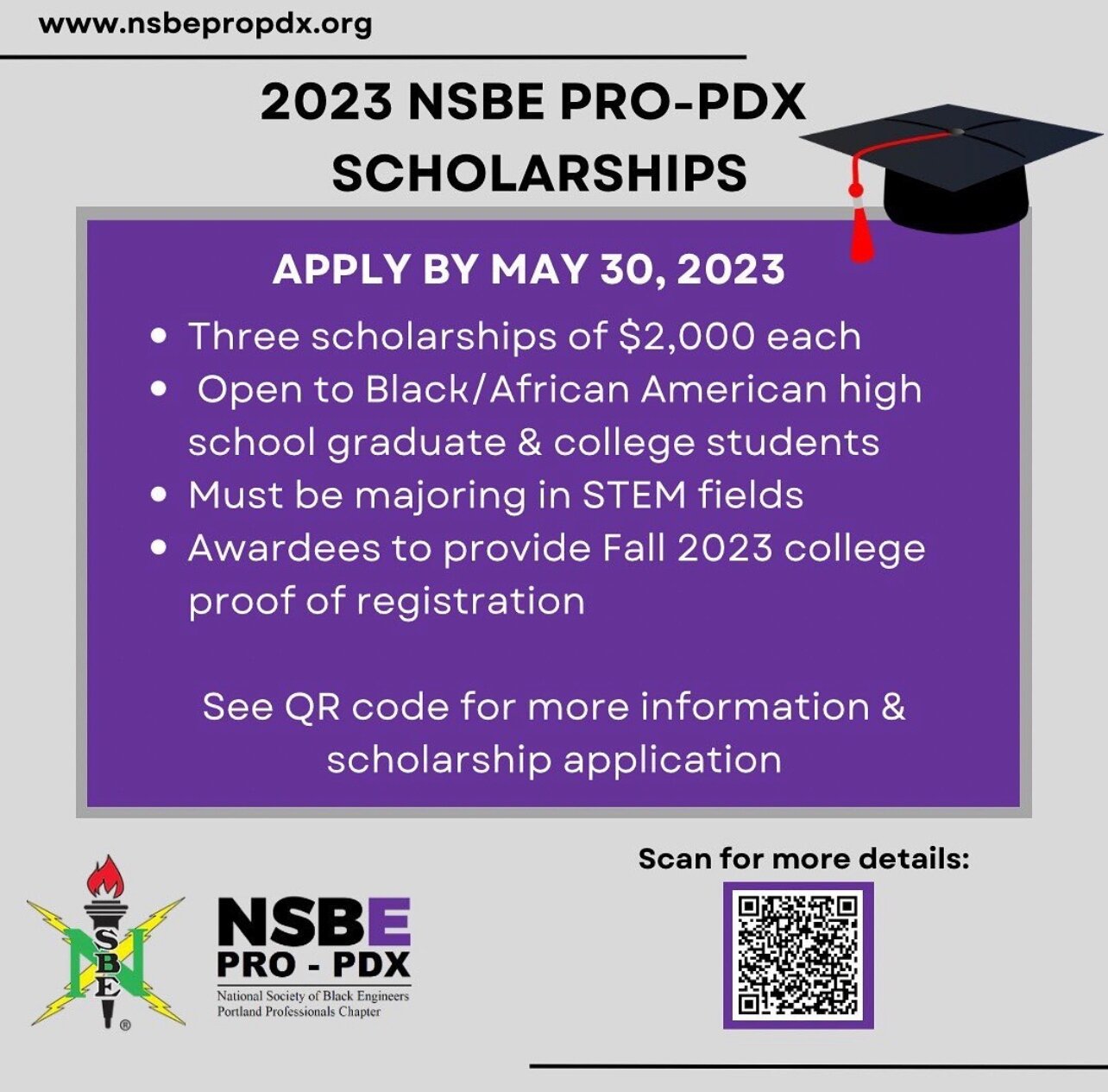 Monday! 5/1
Link In Bio!
@nsbepropdx

&ldquo;The 2023 NSBE Portland Professionals scholarship application is live! This year we will be awarding (3) $2,000 scholarships to Black students studying STEM
fields. Must be a high school graduate, enrolled 