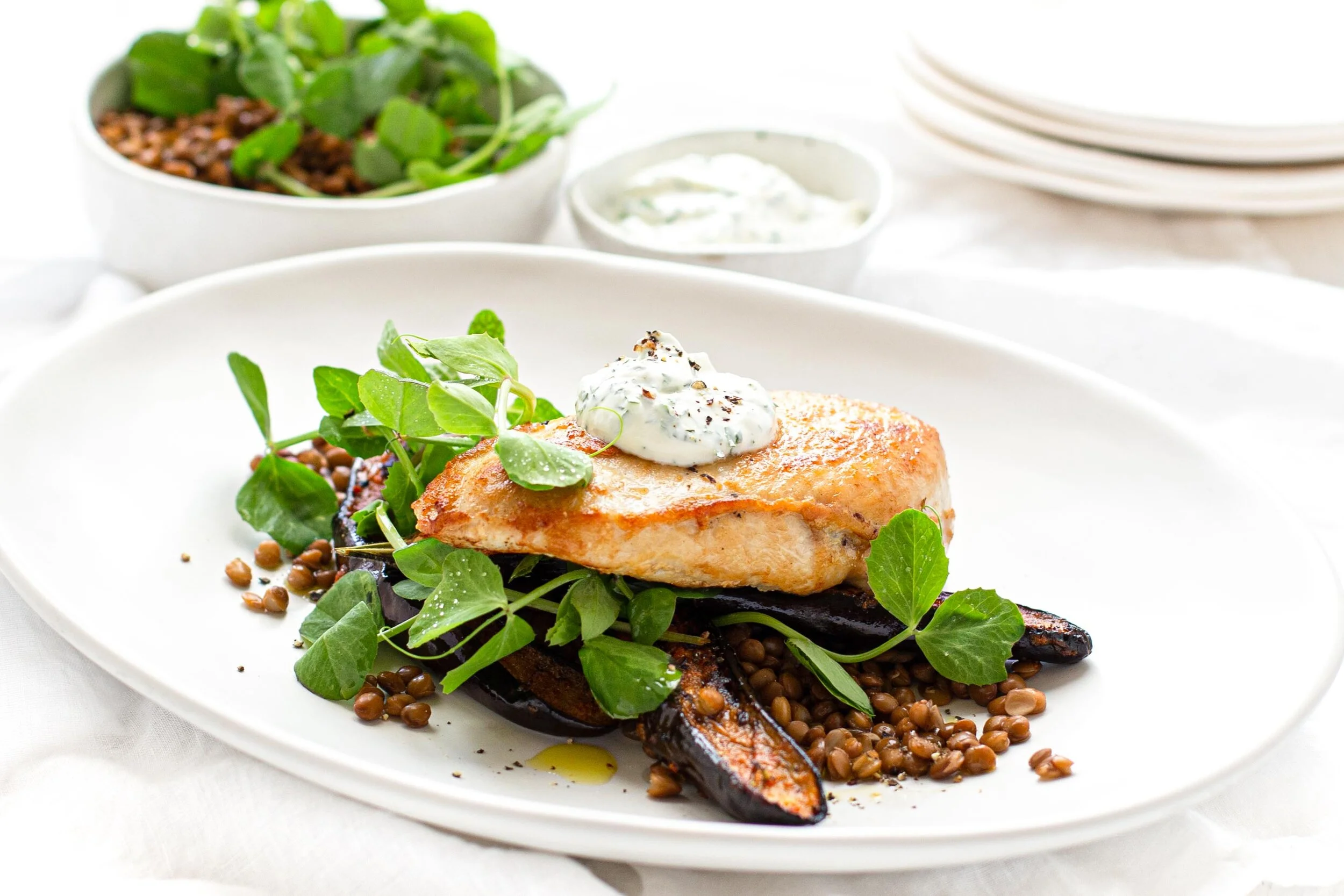 Grilled Chicken Breast with Harissa Eggplant &amp; Lentil Salad