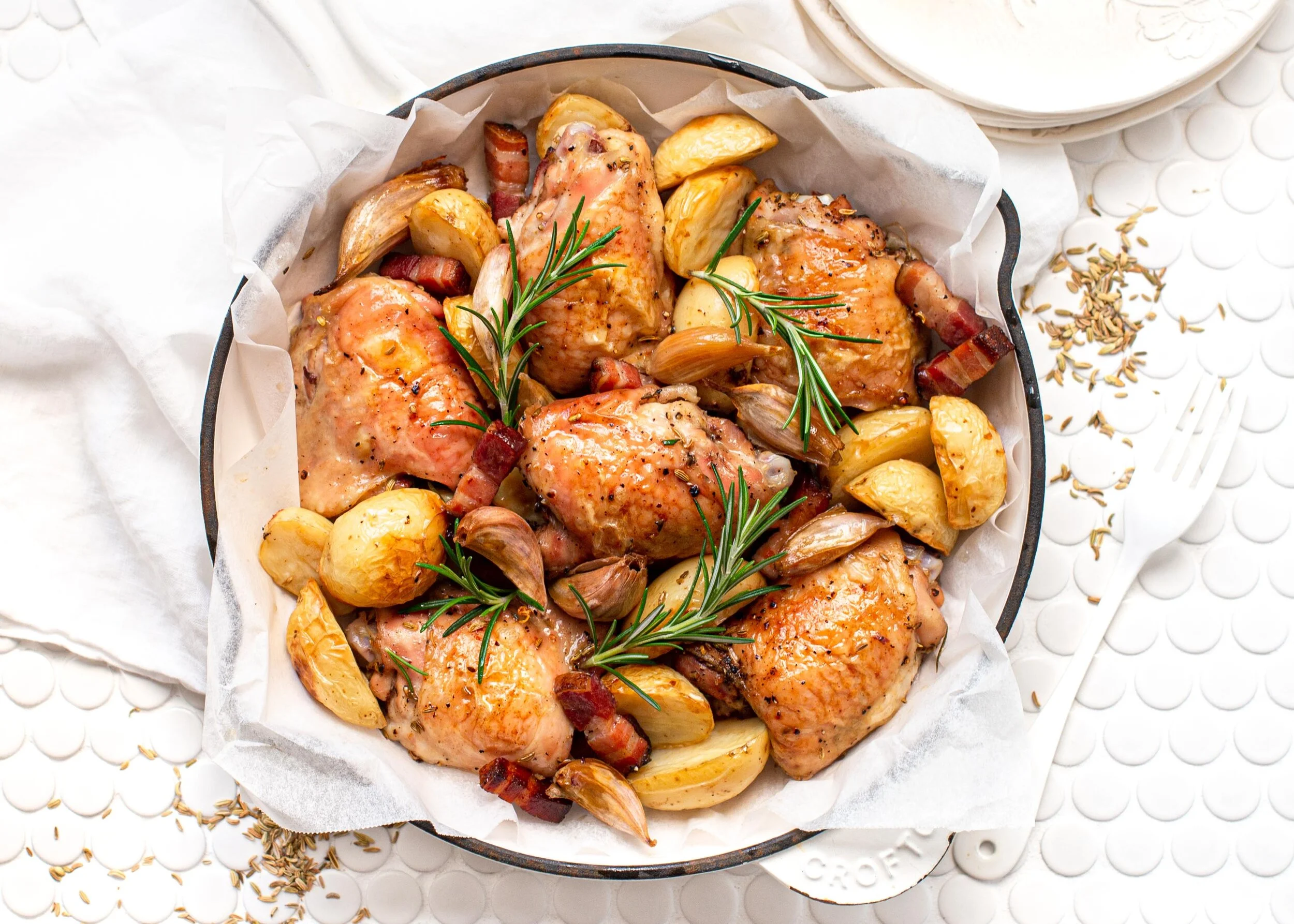 Roasted Chicken Chops with Pancetta, Baby Potatoes, Fennel &amp; Rosemary