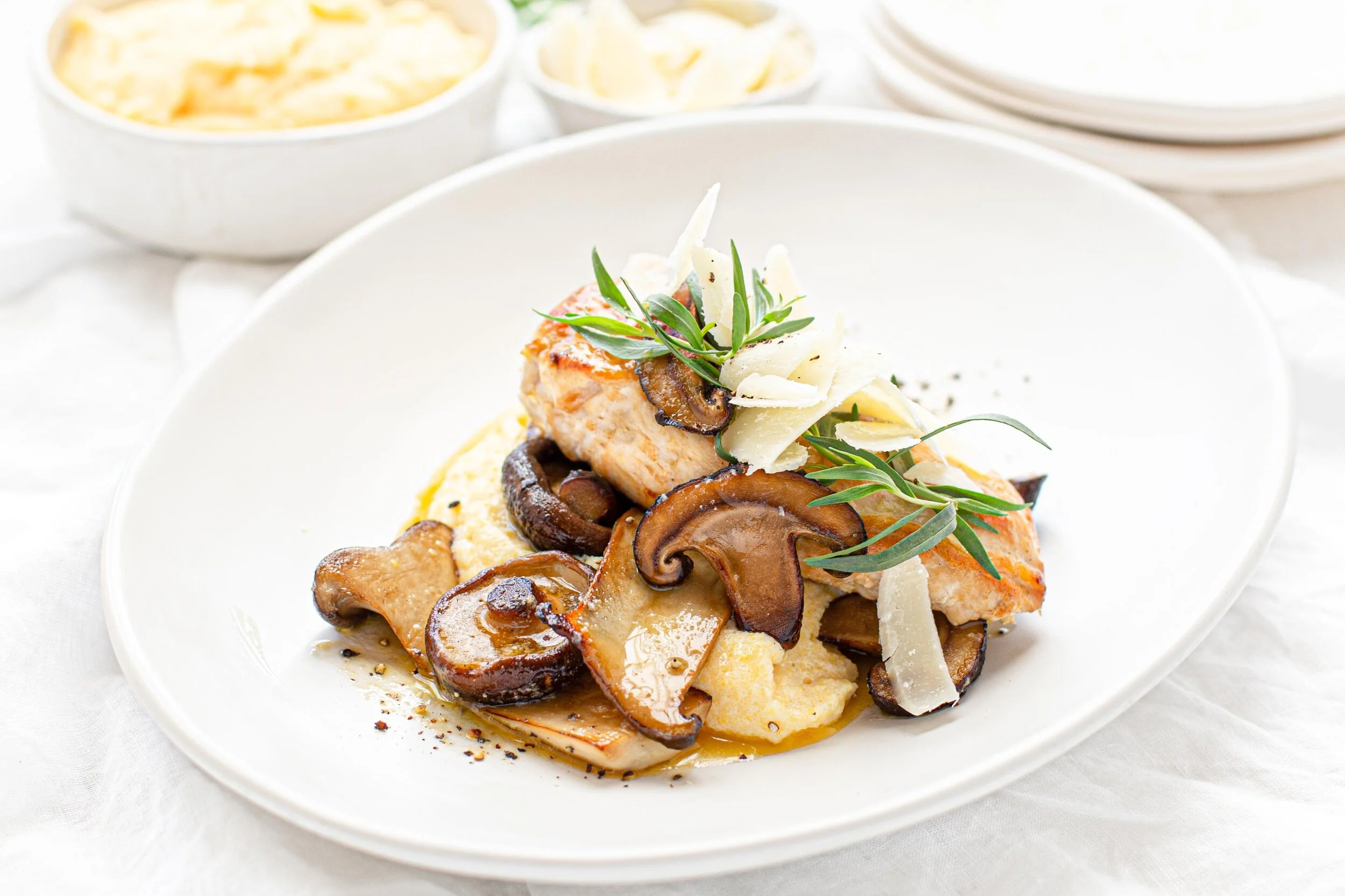 Panfried Chicken Breast with Soft Polenta &amp; Mushroom Ragu