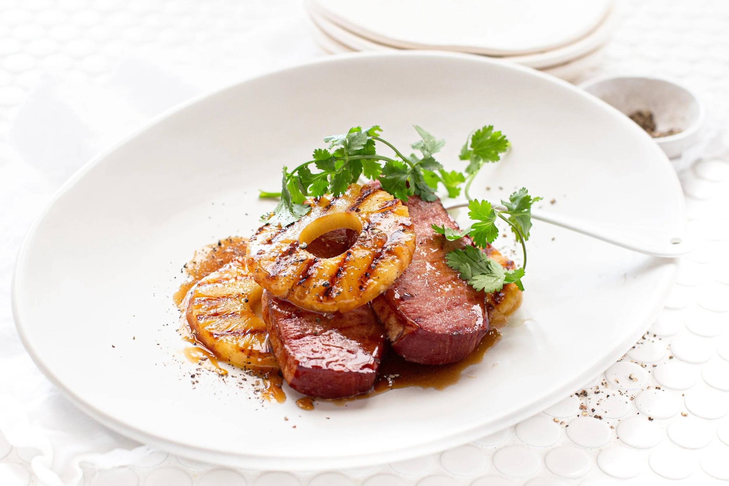 Glazed Lachsschinken Steaks with Pepper &amp; Pineapple