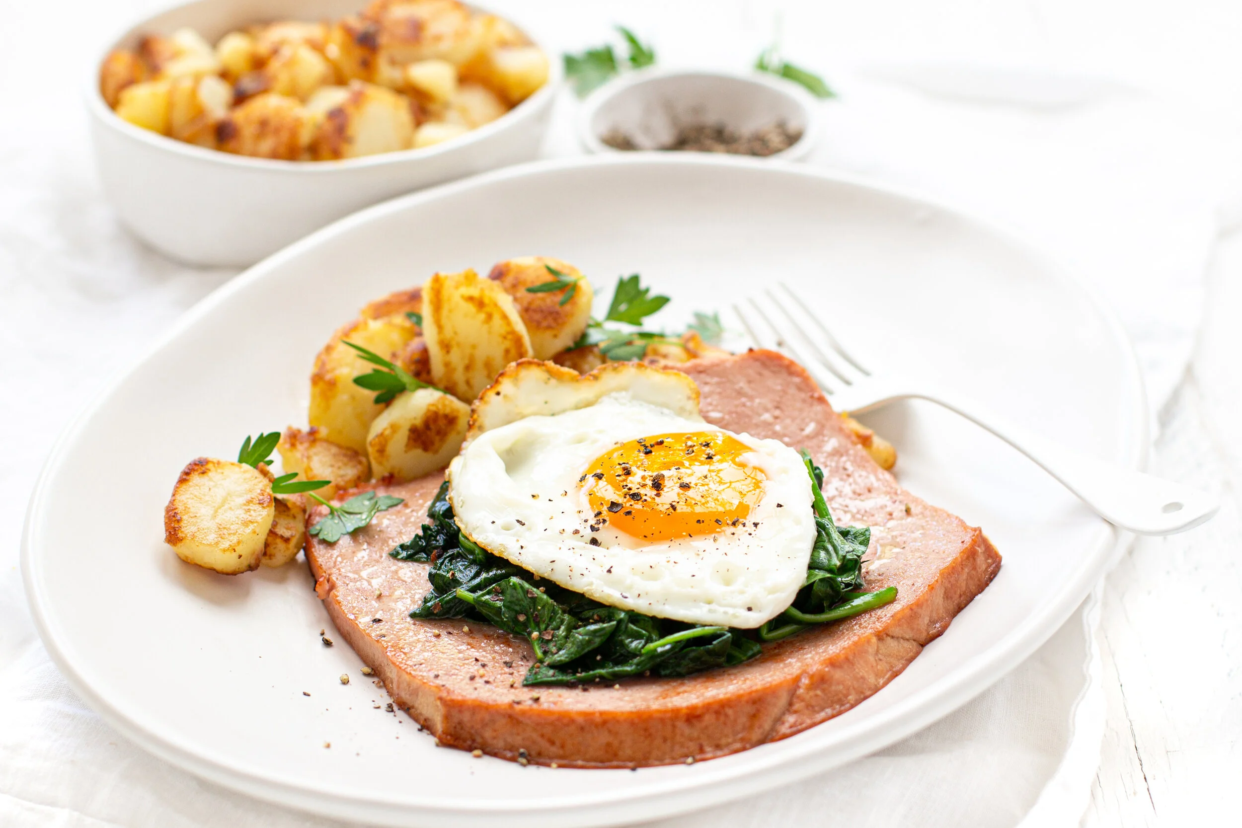 Panfried Leberkäse with Crispy Potatoes &amp; Fried Egg