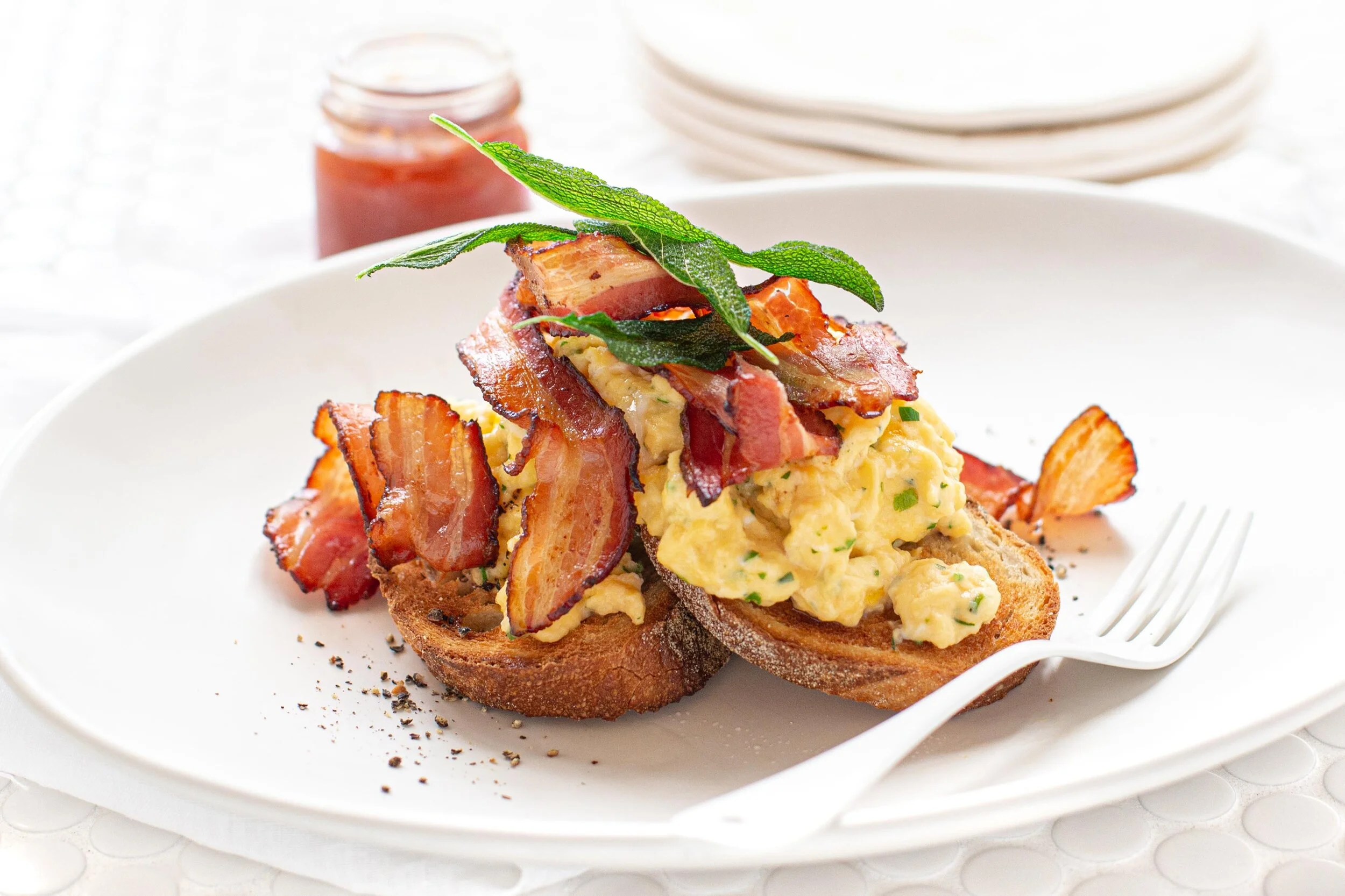 Crispy Pancetta with Sage Scrambled Eggs &amp; Fried Sage