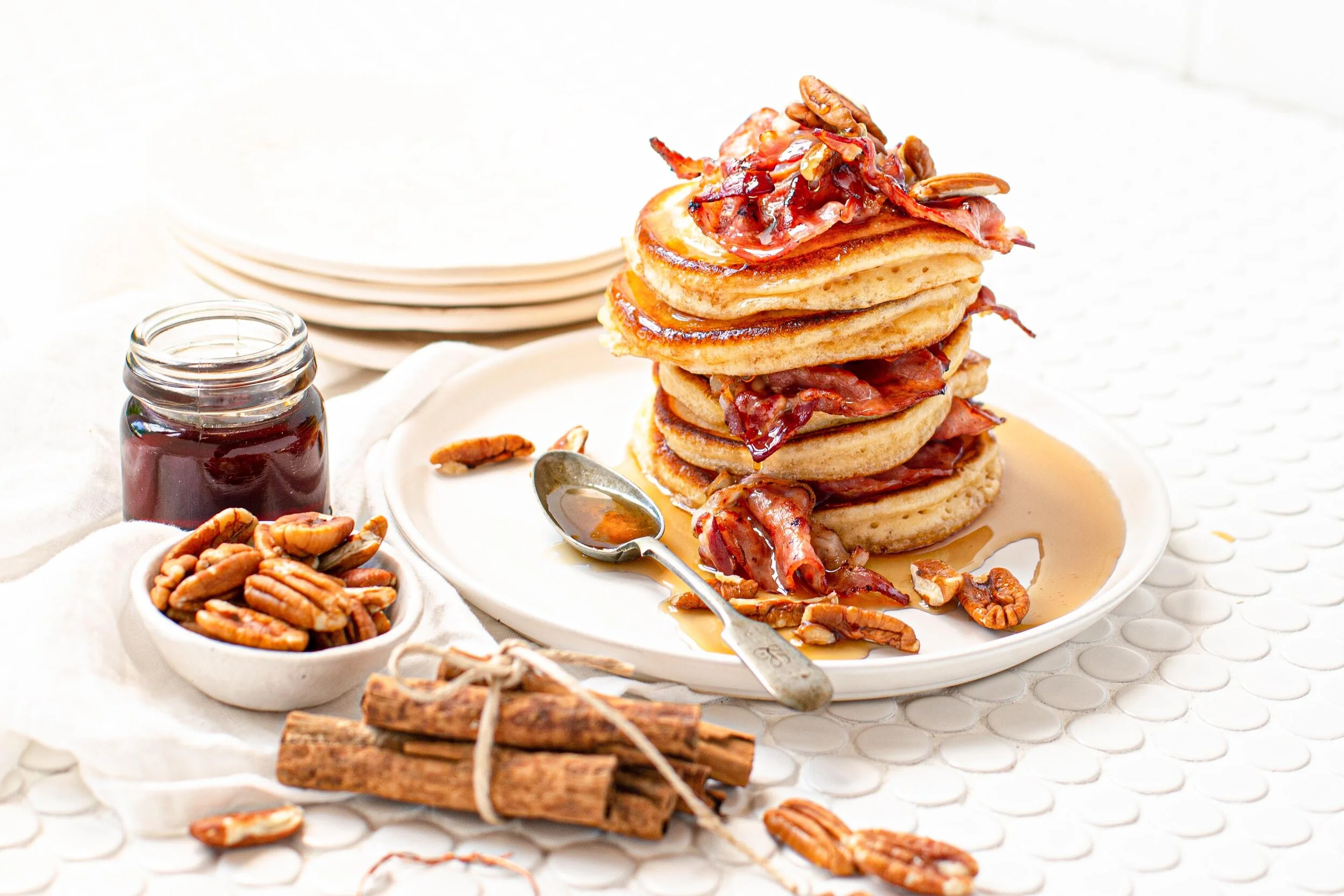 Pancakes with Crispy Bacon, Pecans &amp; Maple Syrup