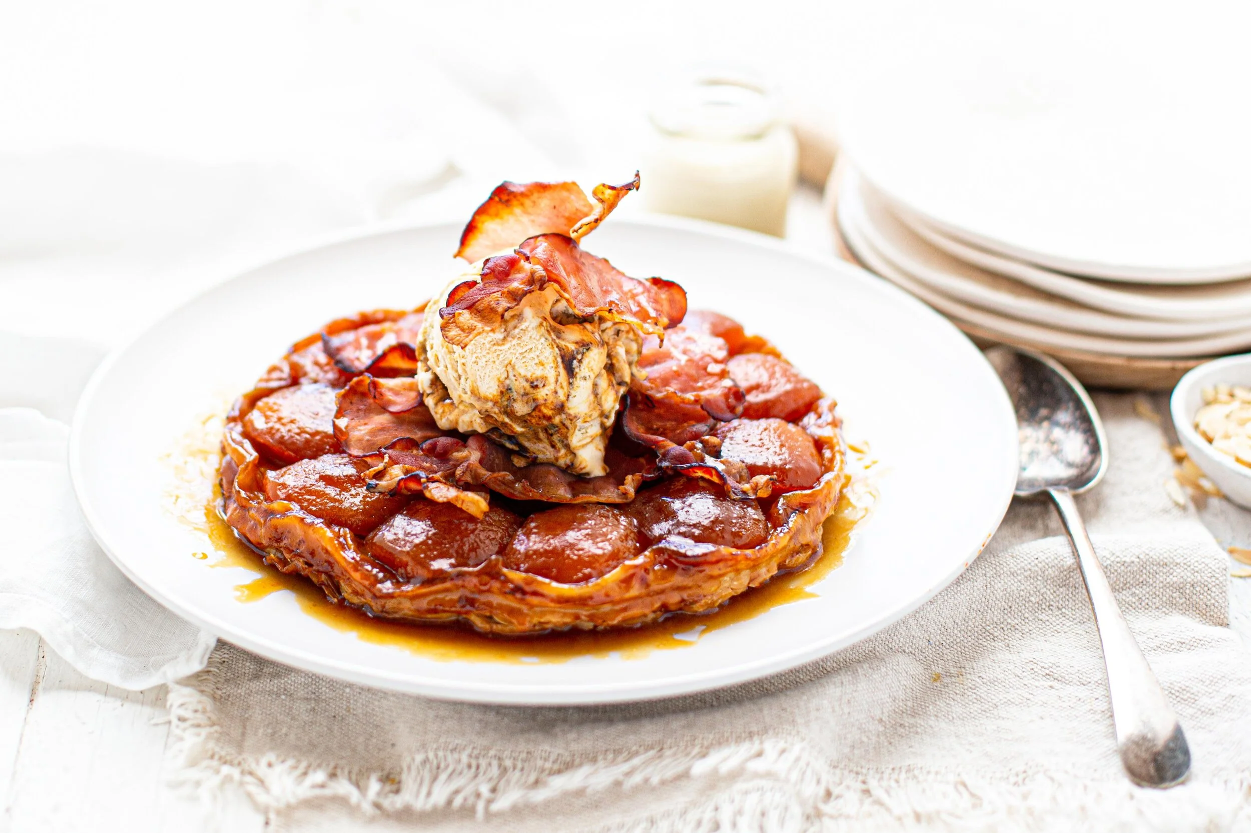 Apple Tart Tatin with Bacon Wafers &amp; Burnt Fig and Honeycomb Icecream
