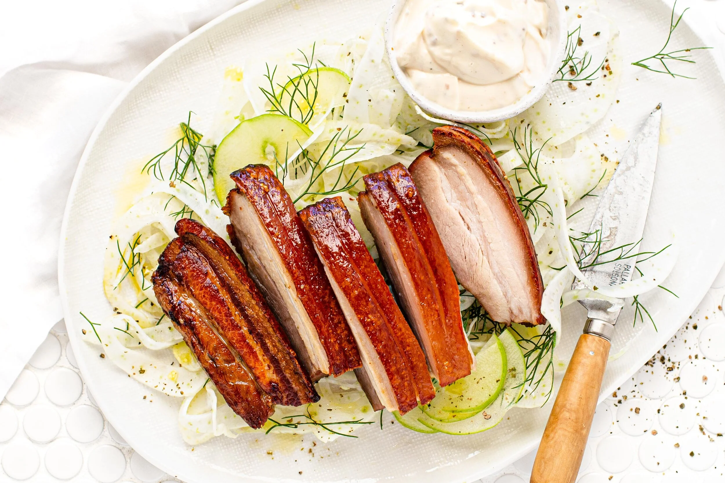 Roast Pork Belly with Fennel Salad &amp; Anchovy Mayonnaise