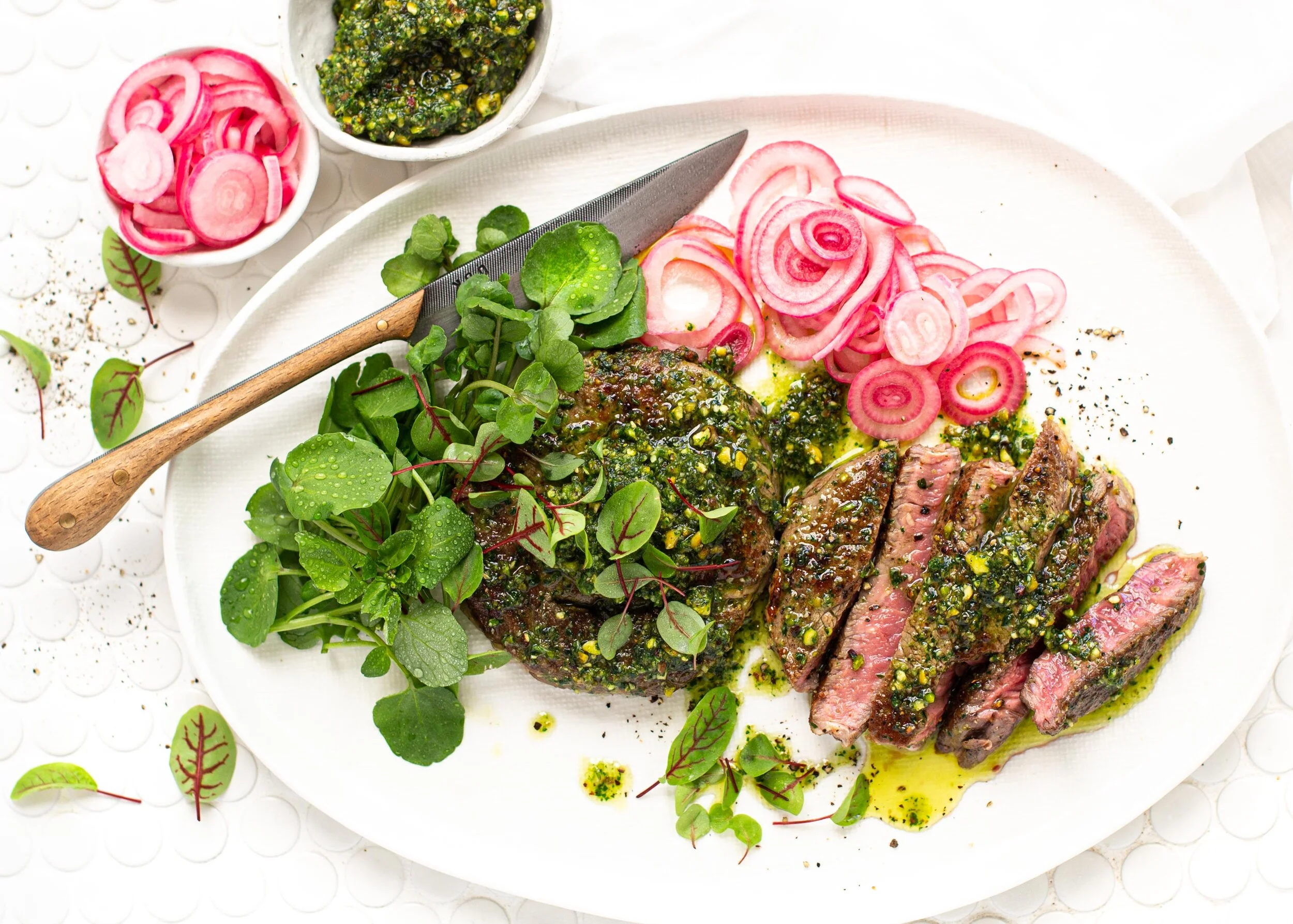 Grilled Scotch Fillet with Pickled Red Onions &amp; Pistachio Pesto