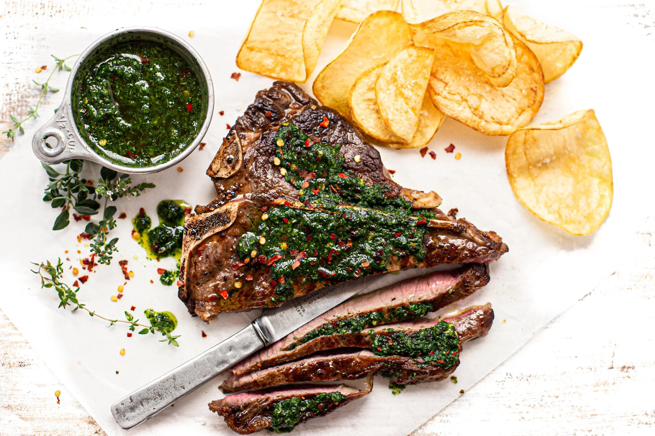 T-bone steak with Fresh Chimichurri &amp; Hand Cut Chips