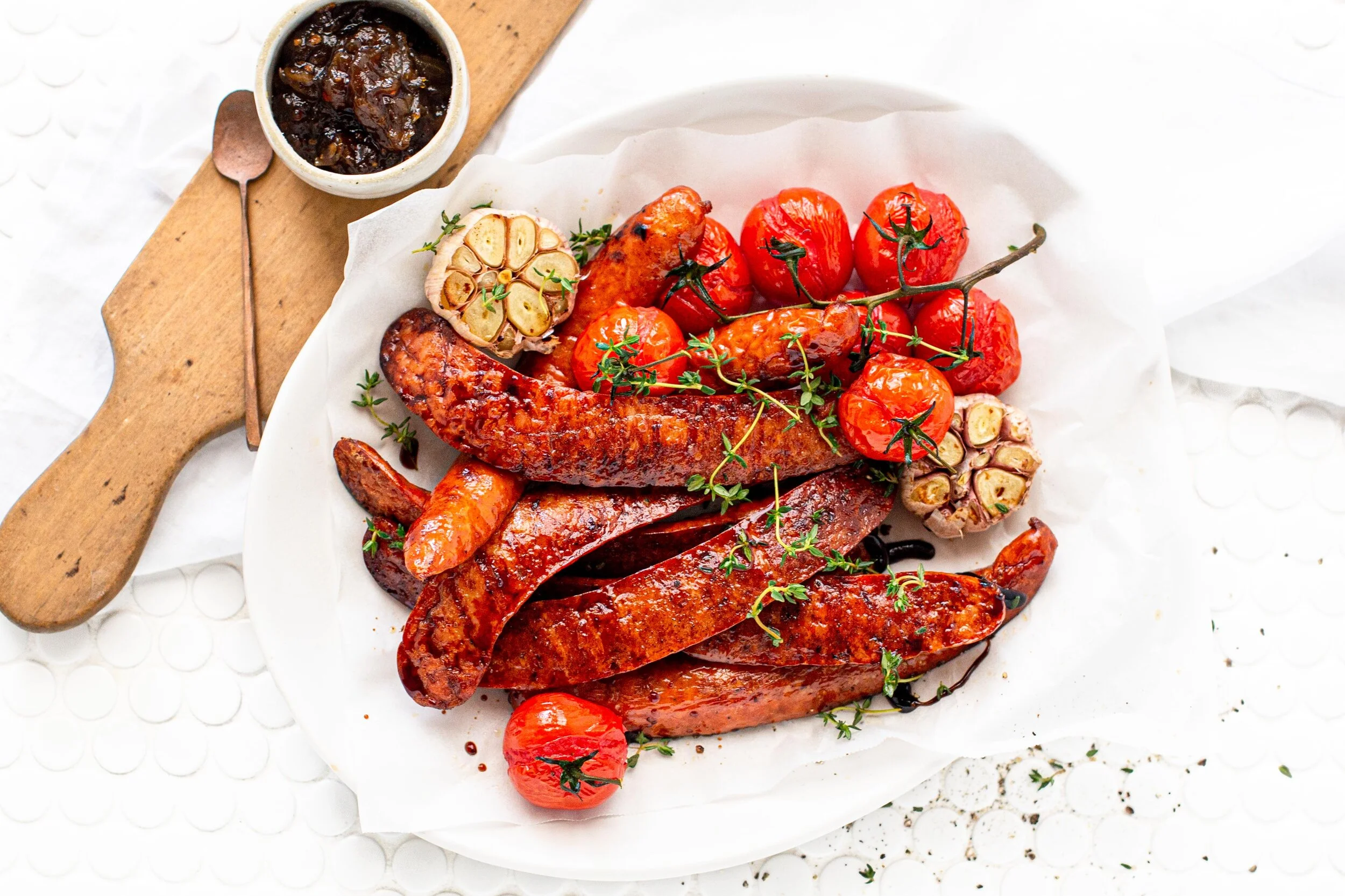 Oven Roasted Chorizo with Balsamic &amp; Cherry Tomatoes