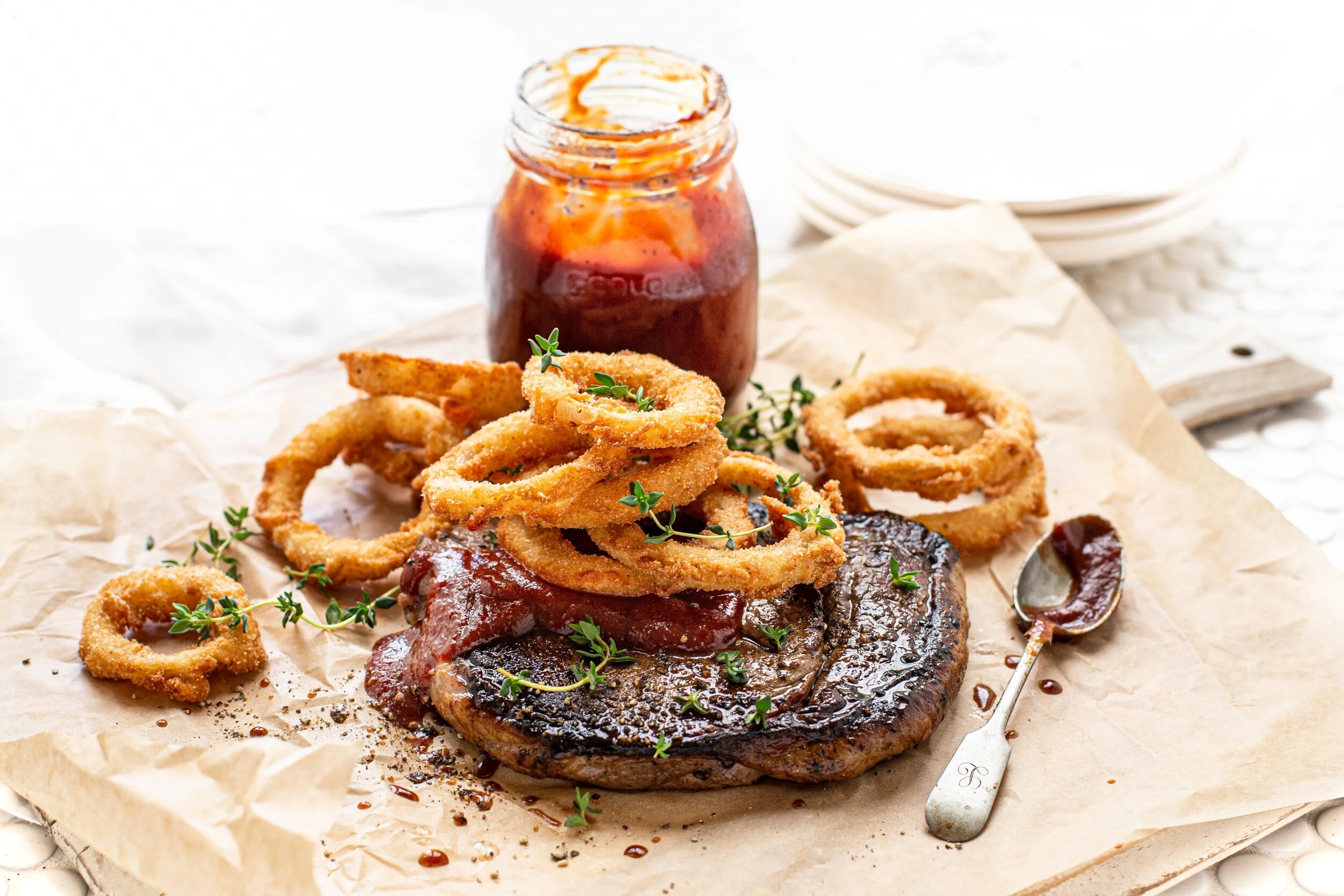 Grilled Rump Steak with Smokey, Homemade BBQ Sauce &amp; Onion Rings