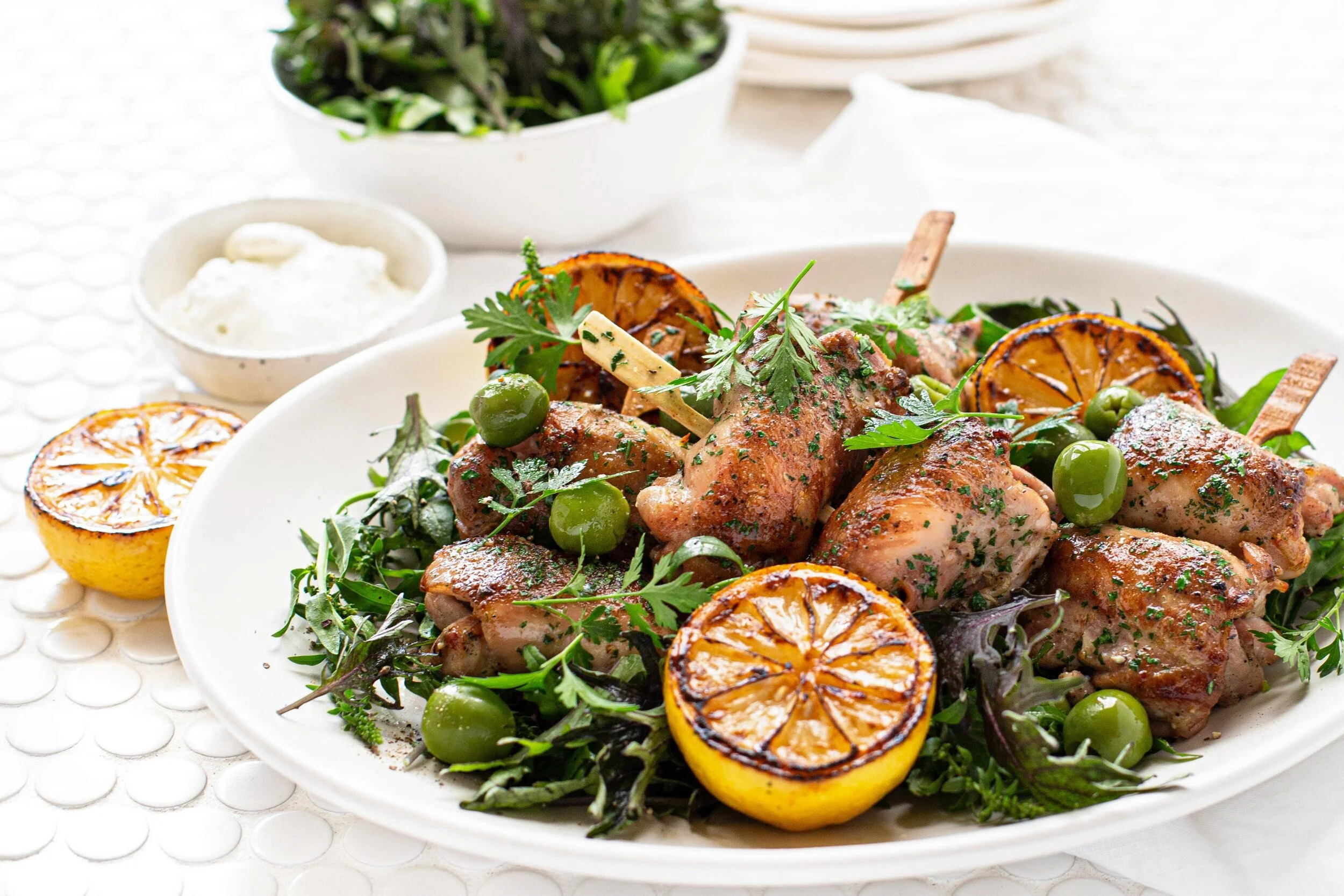 Greek Marinated Chicken Thighs with Chargrilled Lemon &amp; Olives