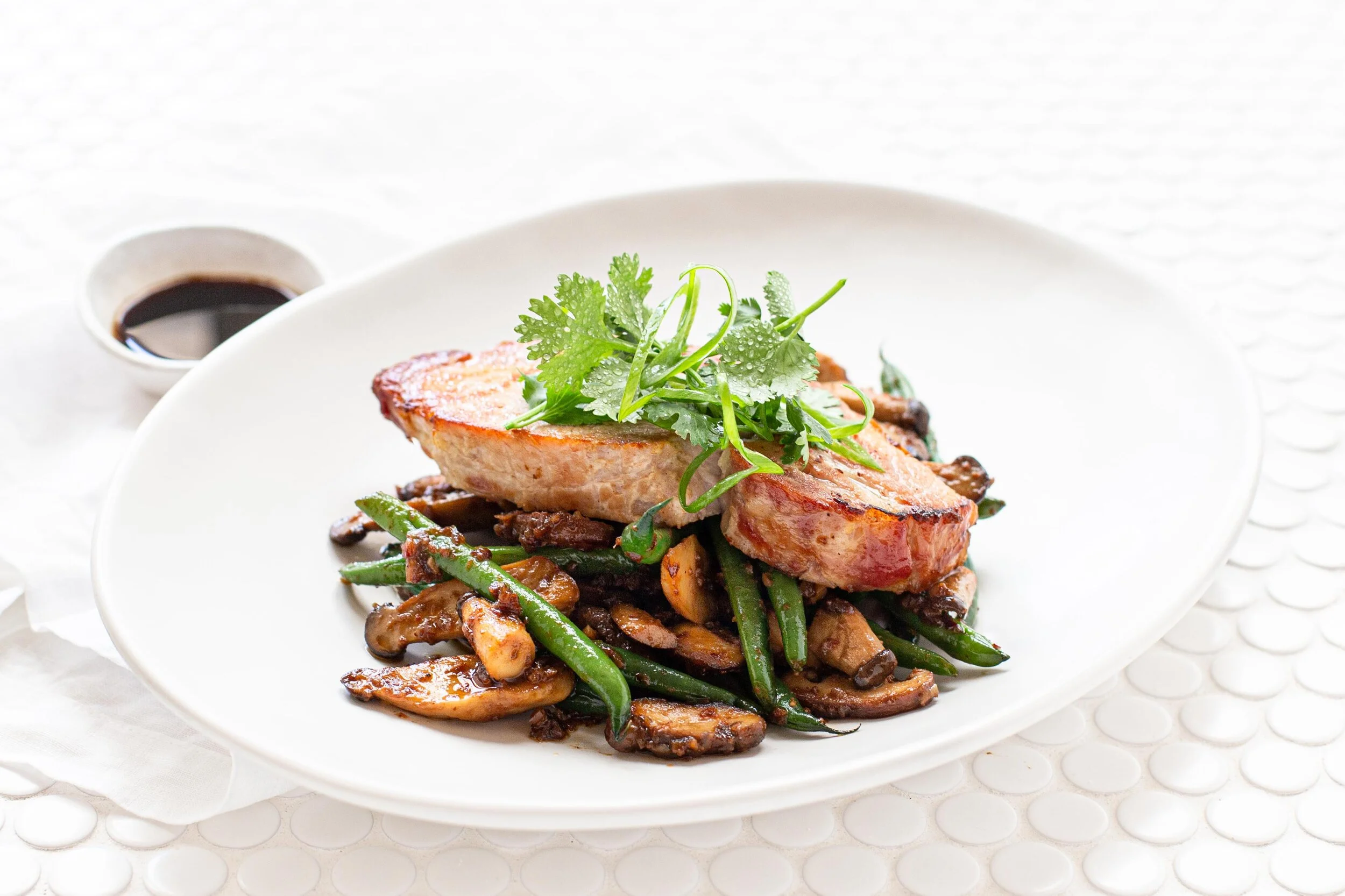 Pork Loin Steaks with Beans &amp; Mushrooms in XO Sauce