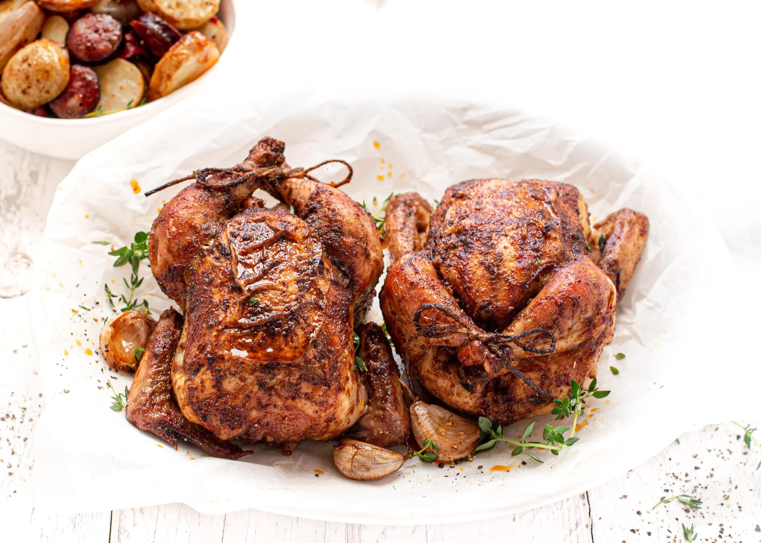 Roast Poussin with Potato, Csabai &amp; Capsicum