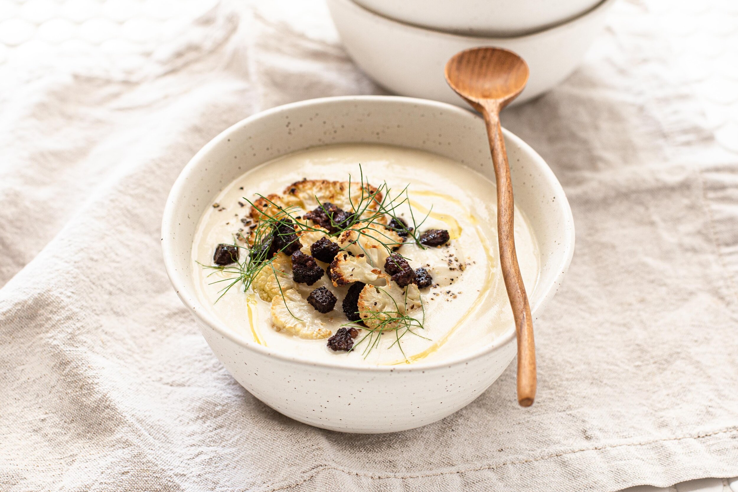 Roasted Cauliflower and Fennel Soup with Black Pudding Croutons