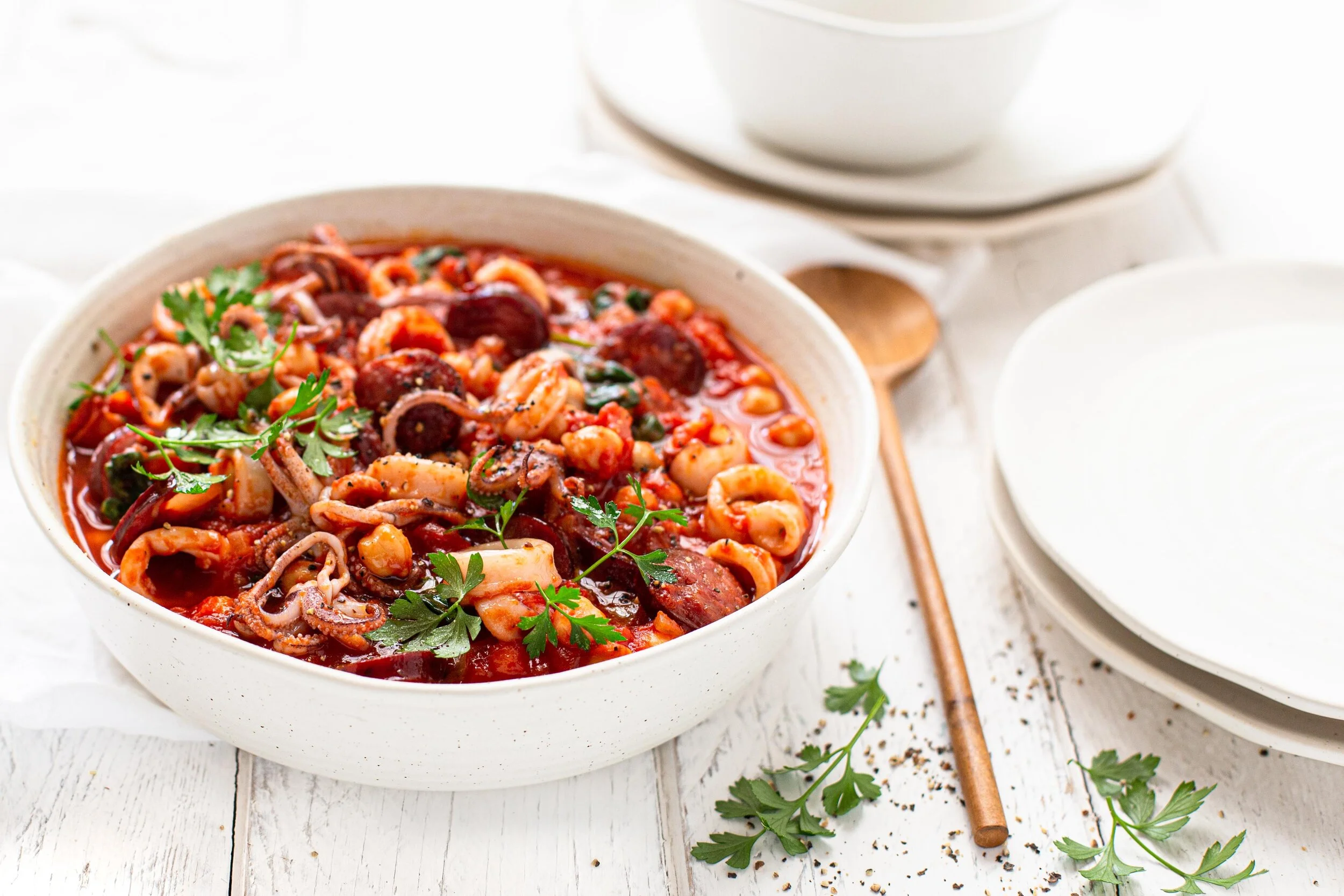Csabai, Calamari &amp; Baby Spinach Stew with Chickpeas