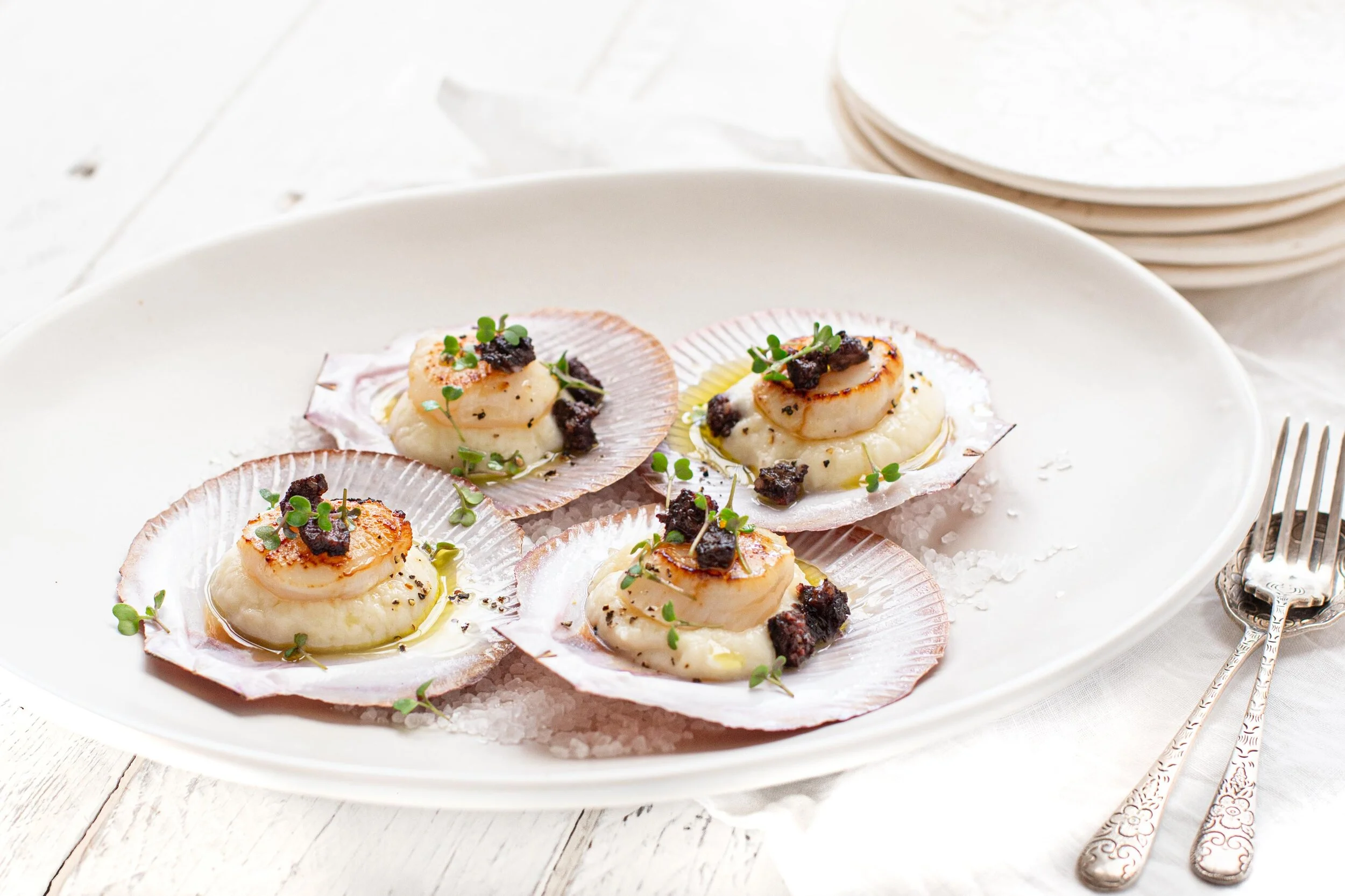 Hervey Bay Scallops with Black Pudding, Cauliflower Puree &amp; Truffle Oil