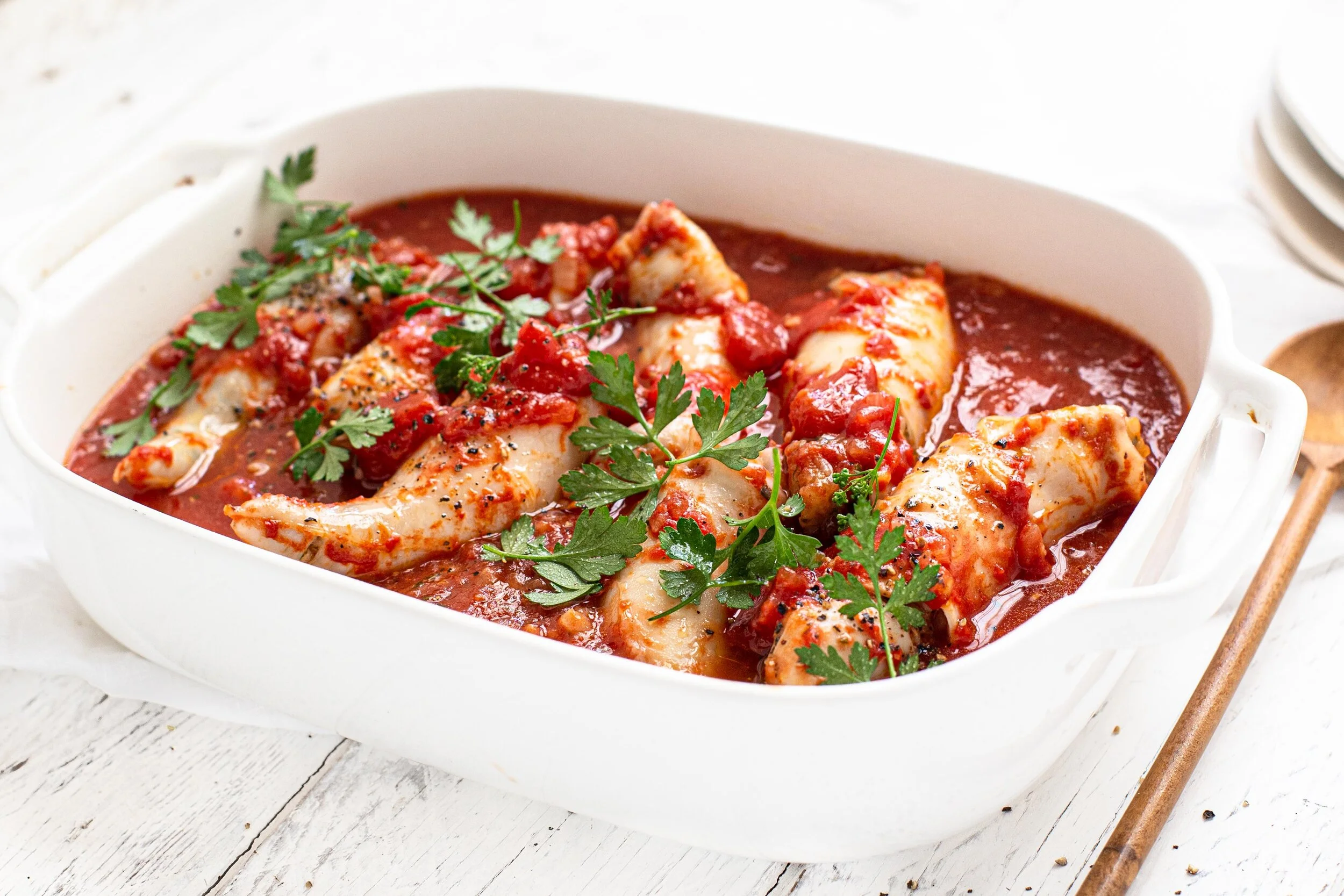 Csabai Risotto filled Squid with Tomato Sauce